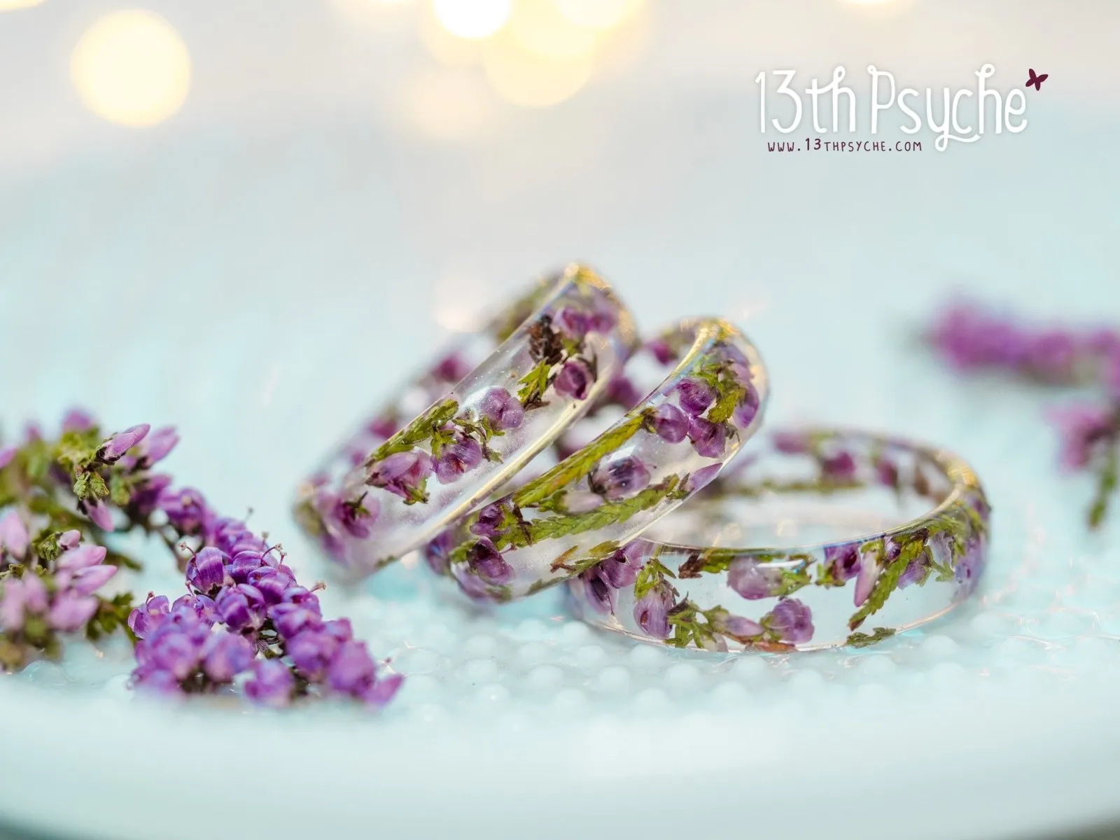 Dried pink heather flower resin ring