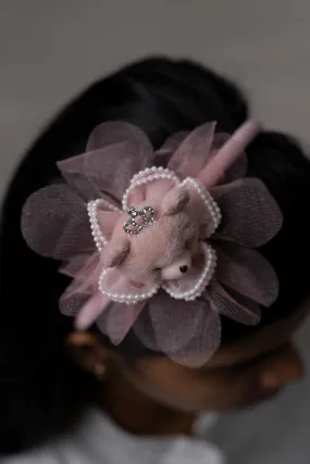 Enchanting Plush Pink Teddy Bear Hairbow with Tulle and Pearls