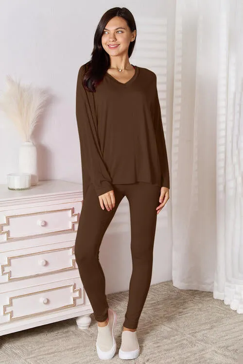 Explore More Collection - Basic Bae Full Size V-Neck Soft Rayon Long Sleeve Top and Pants Lounge Set