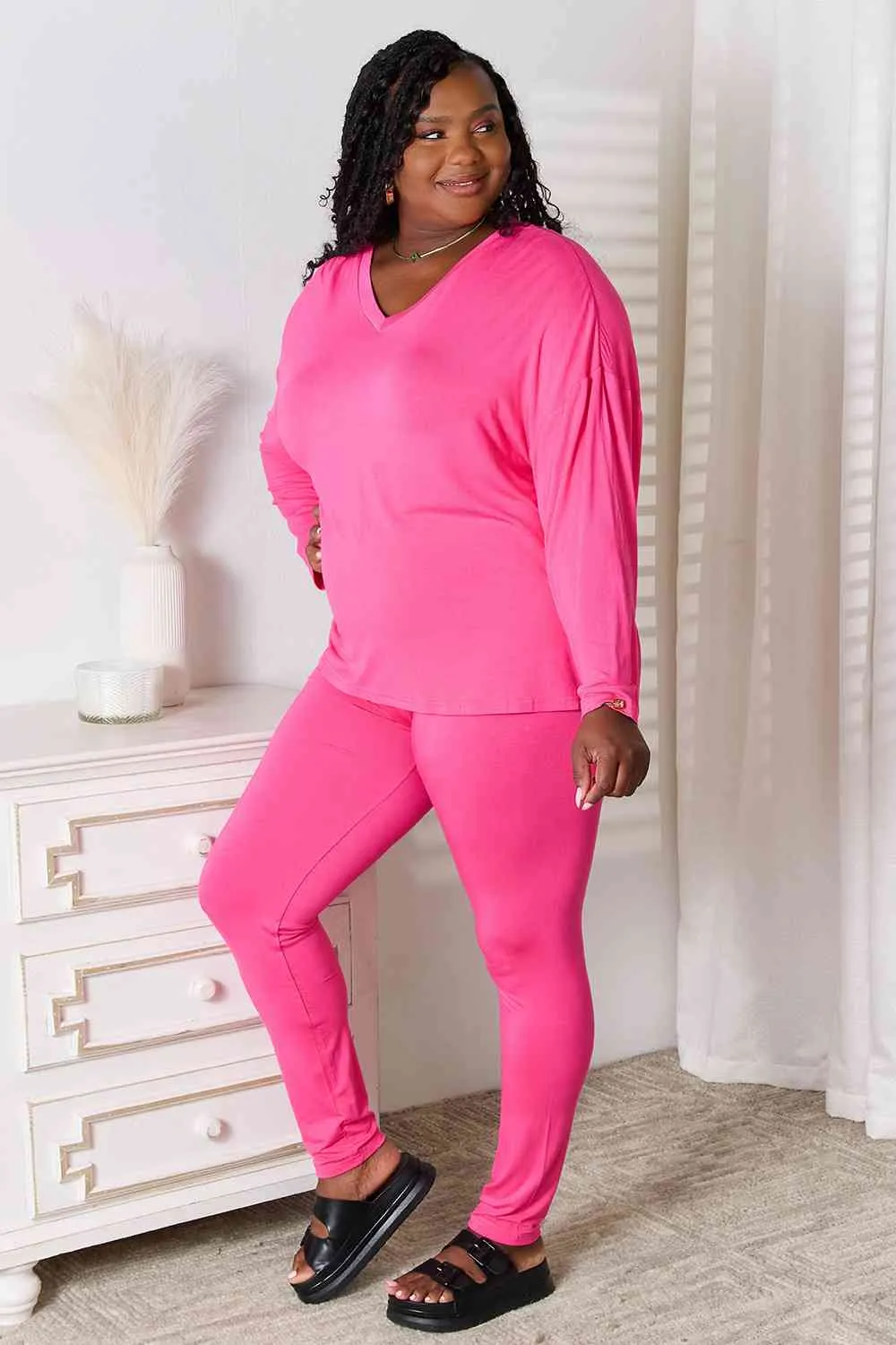 Explore More Collection - Basic Bae Full Size V-Neck Soft Rayon Long Sleeve Top and Pants Lounge Set