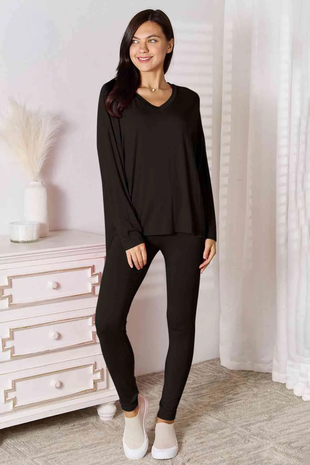 Explore More Collection - Basic Bae Full Size V-Neck Soft Rayon Long Sleeve Top and Pants Lounge Set