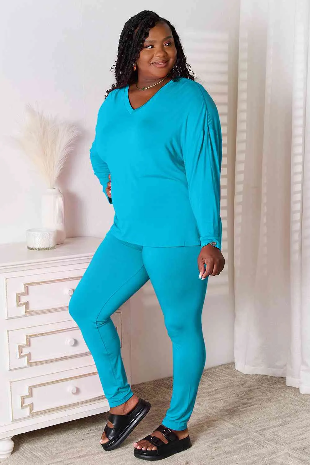 Explore More Collection - Basic Bae Full Size V-Neck Soft Rayon Long Sleeve Top and Pants Lounge Set