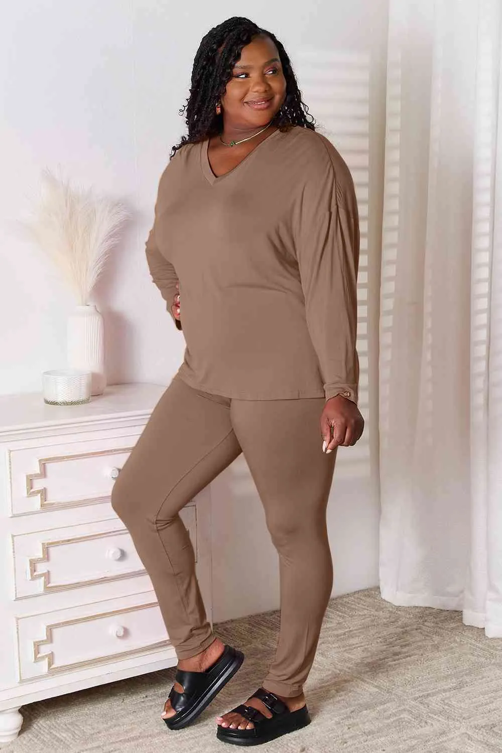 Explore More Collection - Basic Bae Full Size V-Neck Soft Rayon Long Sleeve Top and Pants Lounge Set