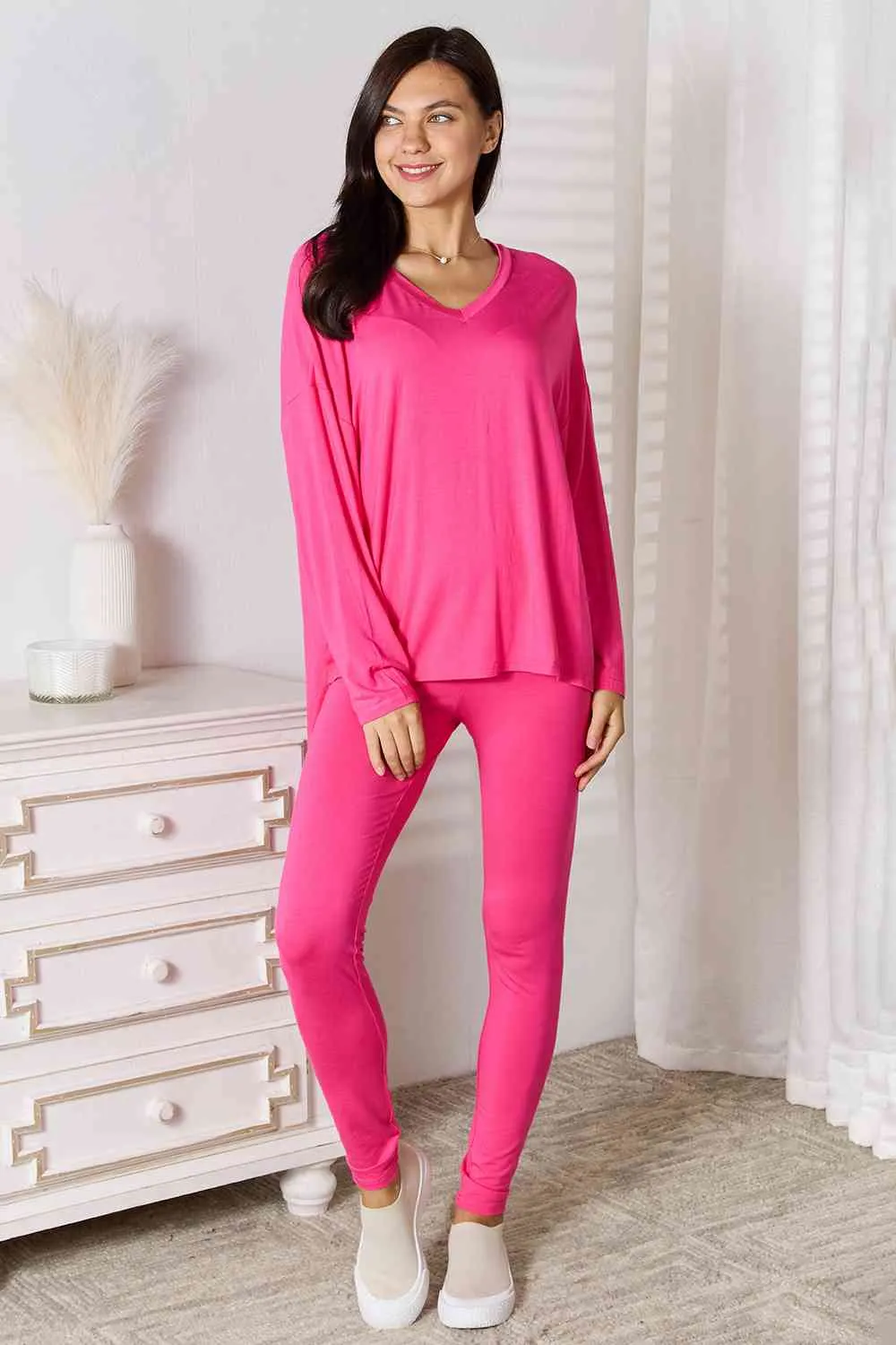 Explore More Collection - Basic Bae Full Size V-Neck Soft Rayon Long Sleeve Top and Pants Lounge Set