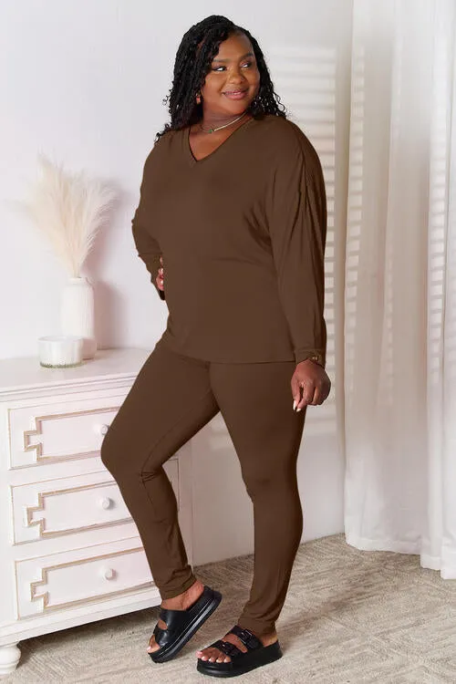 Explore More Collection - Basic Bae Full Size V-Neck Soft Rayon Long Sleeve Top and Pants Lounge Set