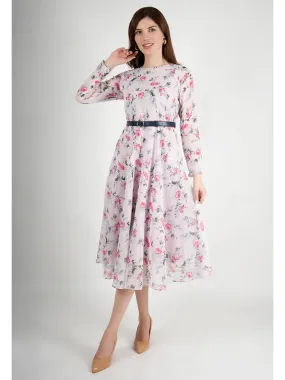 Exude Sunshine A-Line Georgette Dress with Belt (Pink)