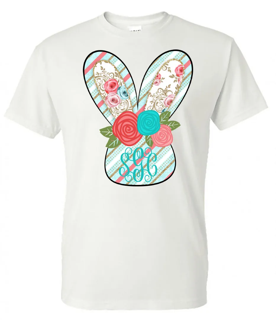 Floral Easter Bunny Monogram- White Short Sleeve Tee