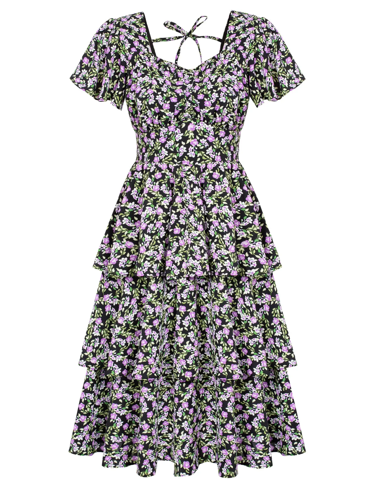 Floral Square Neck Tiered Ruffle Dress 2023 Summer Vintage A-line Swing Midi Dress