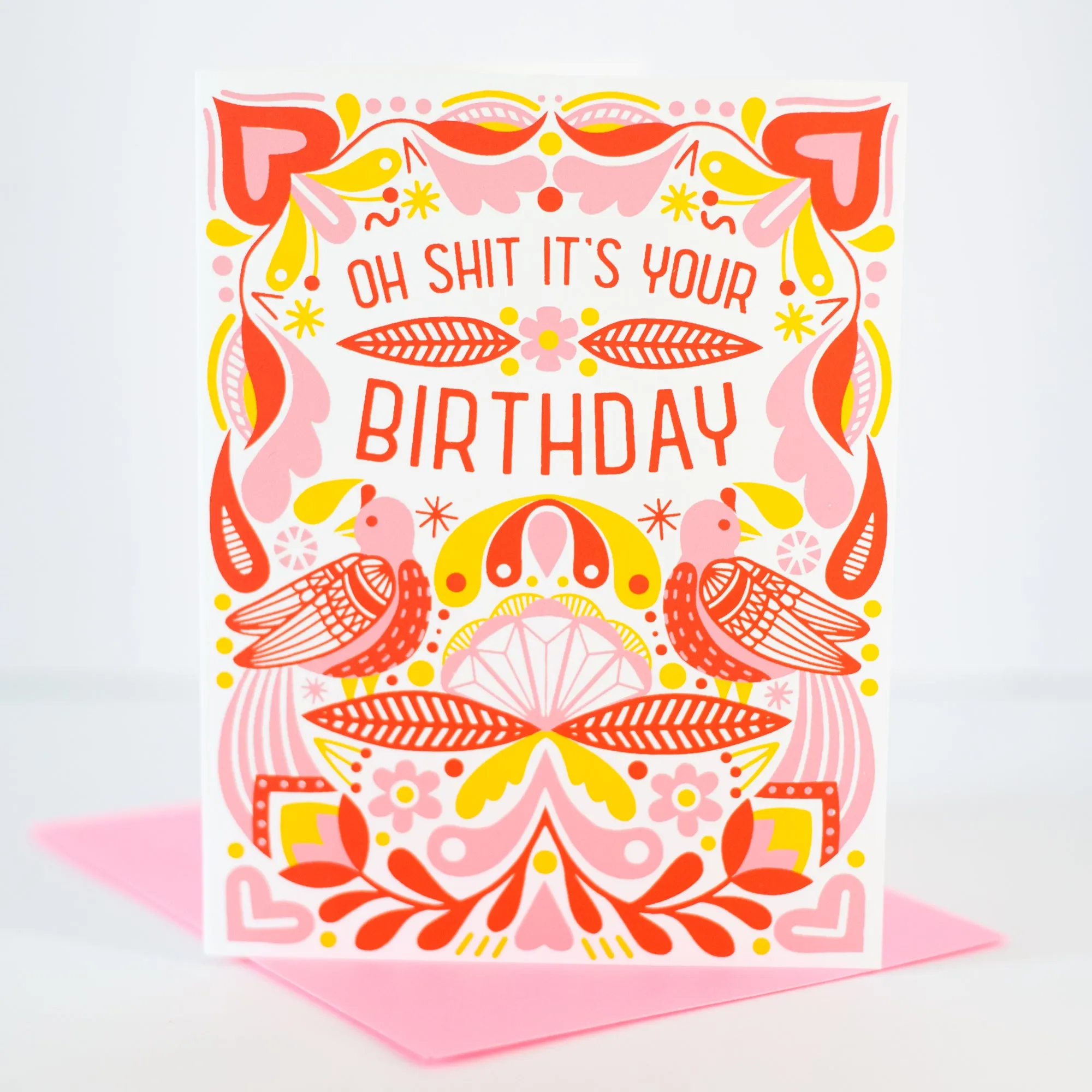 folk art inspired birthday card, funny bday card, oh shit it's your birthday card