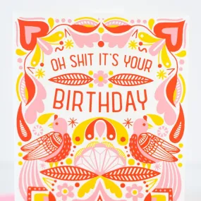 folk art inspired birthday card, funny bday card, oh shit it's your birthday card