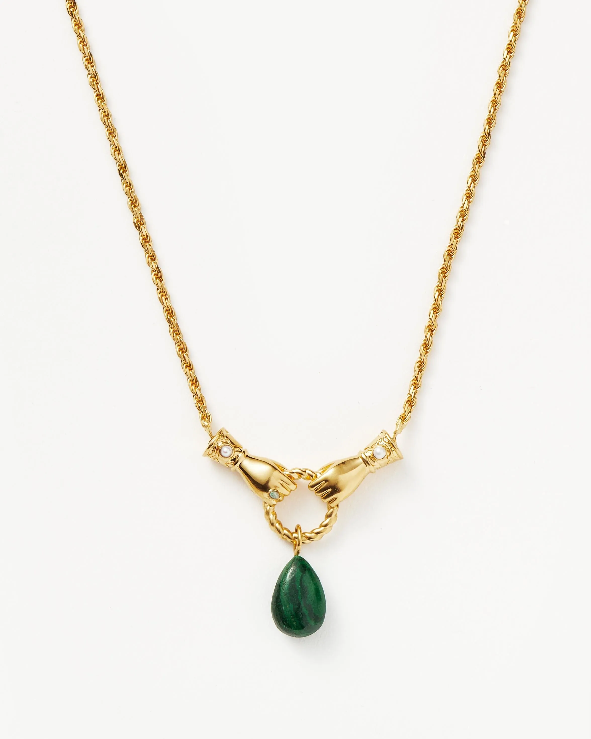 Harris Reed In Good Hands Drop Pendant Necklace | 18ct Gold Plated/Malachite & Pearl