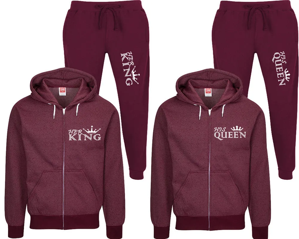 Her King His Queen Couple Speckle Zipper Hoodies and Jogger Pants Matching Top&Bottom Sets