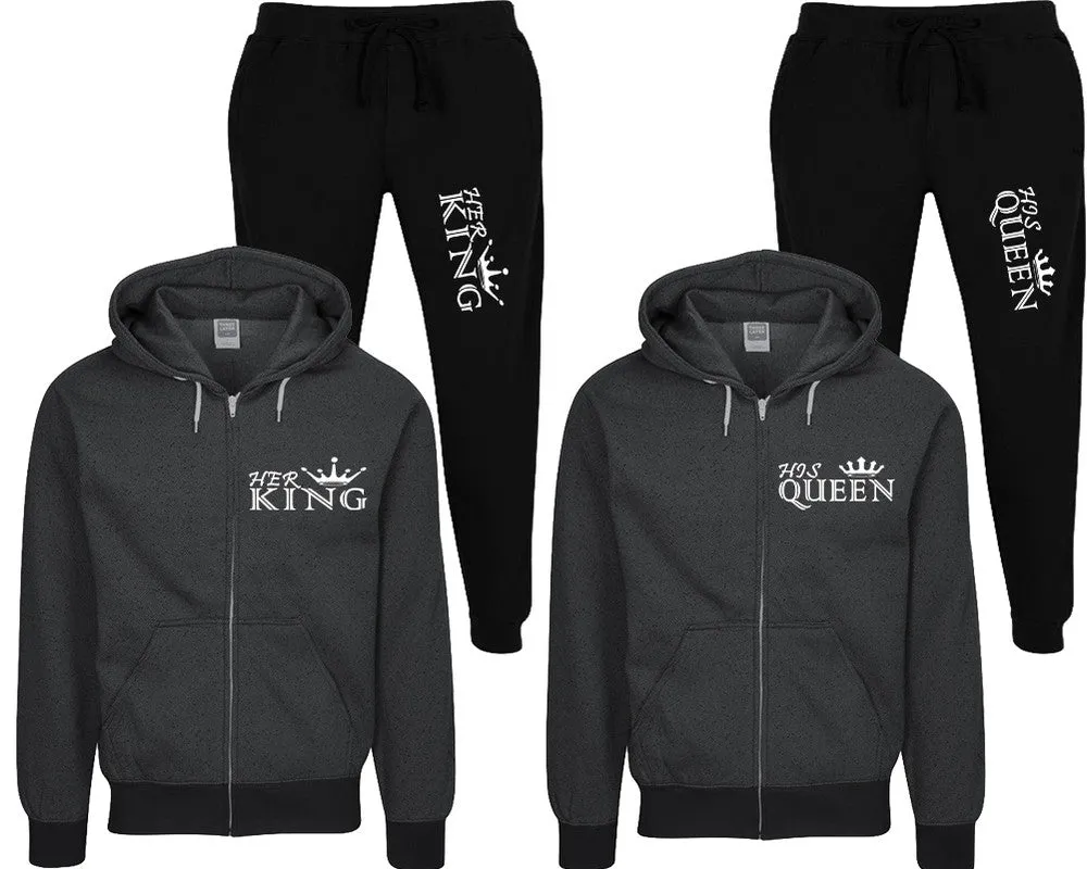 Her King His Queen Couple Speckle Zipper Hoodies and Jogger Pants Matching Top&Bottom Sets