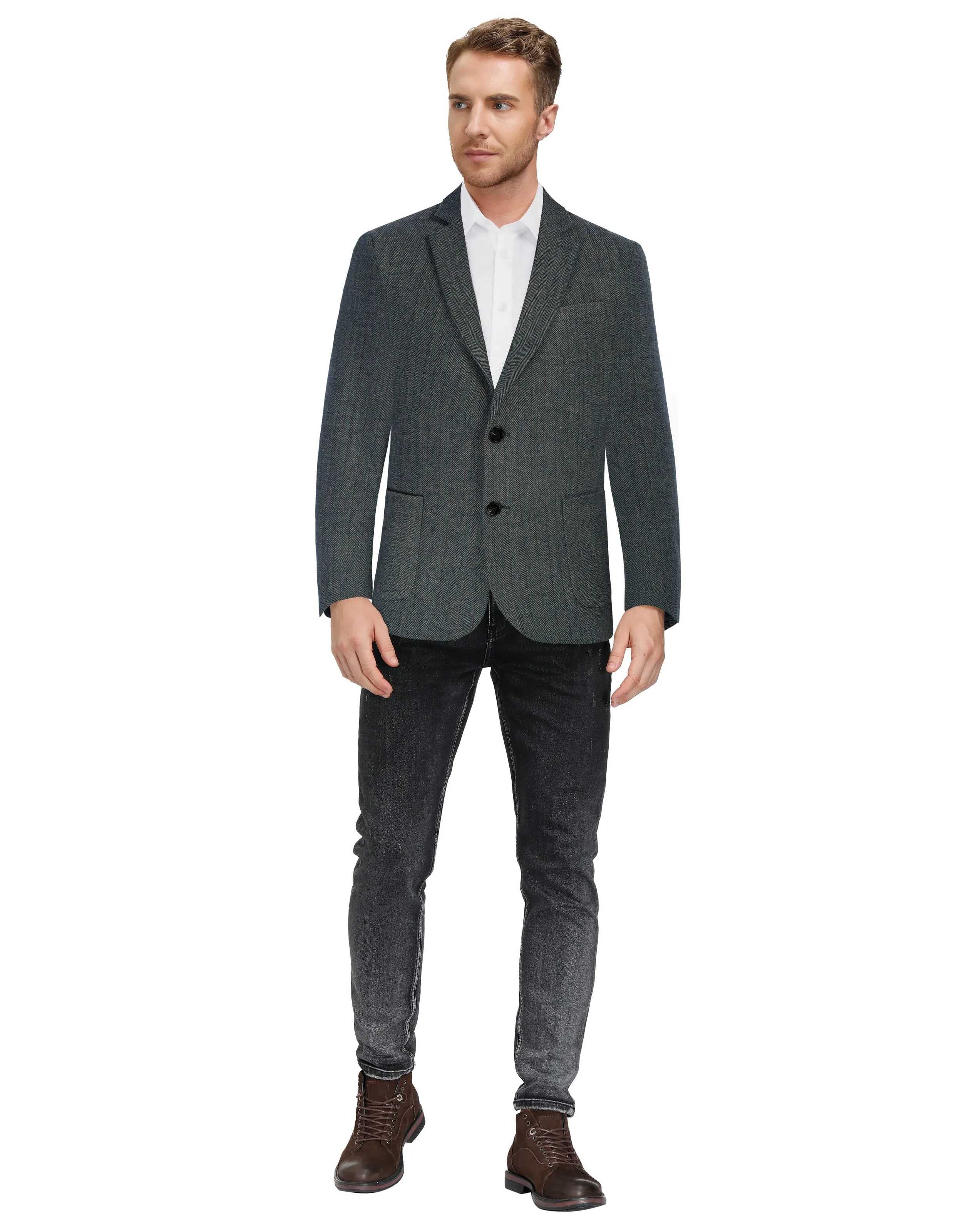 Herringbone Tweed Two Button Blazer British Wool Blend Sport Coat Jackets