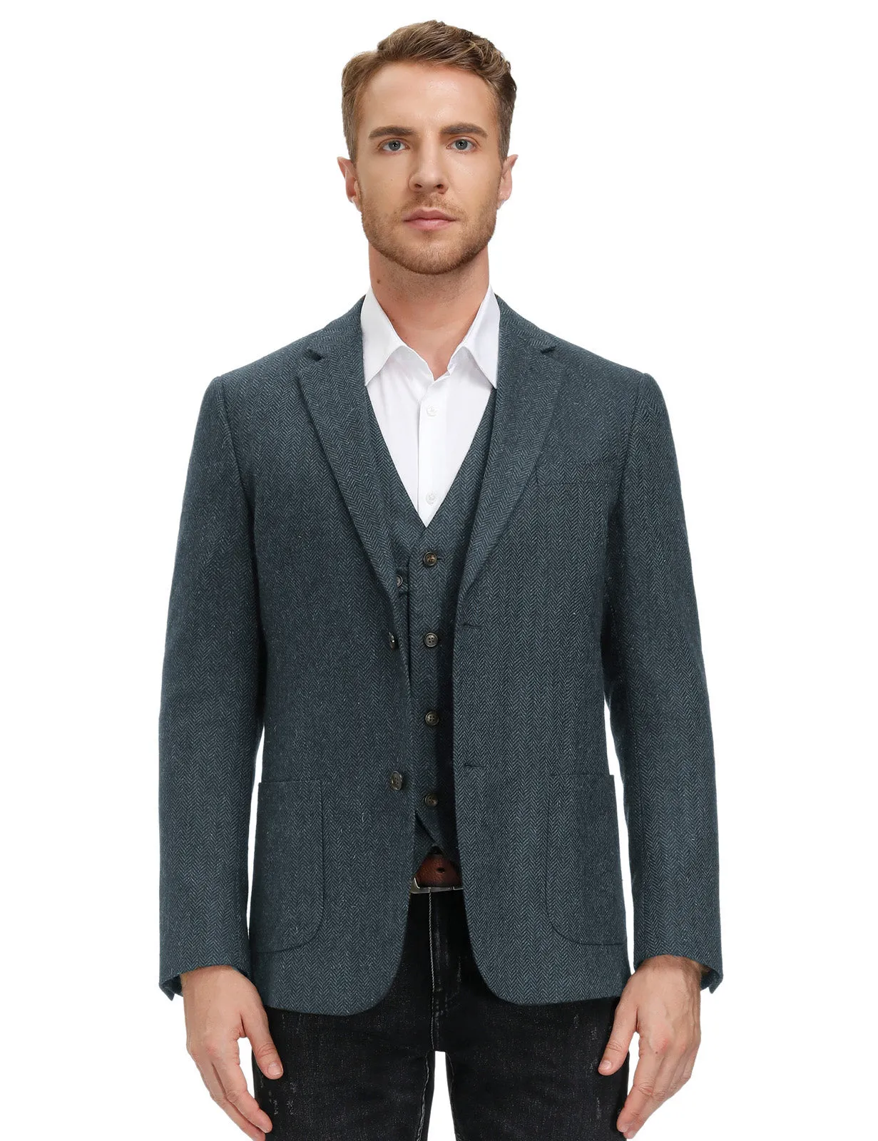 Herringbone Tweed Two Button Blazer British Wool Blend Sport Coat Jackets