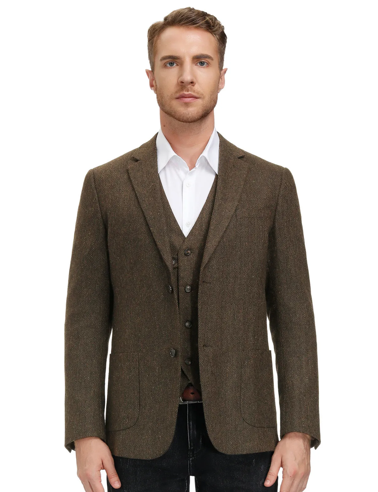 Herringbone Tweed Two Button Blazer British Wool Blend Sport Coat Jackets