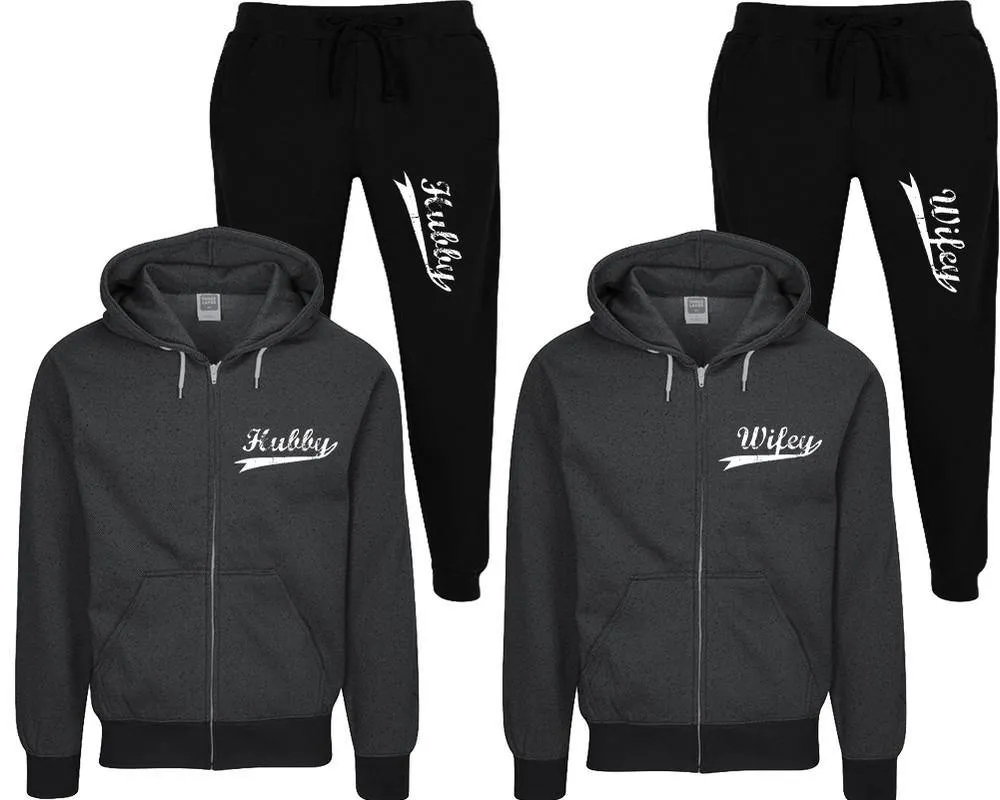 Hubby Wifey Couple Speckle Zipper Hoodies and Jogger Pants Matching Top&Bottom Sets