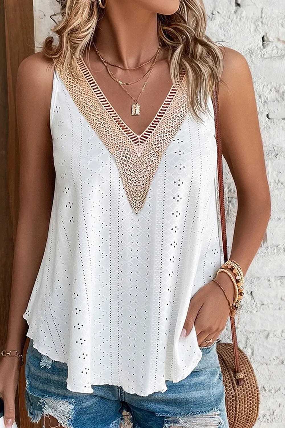 Lace Crochet V Neck Loose Fit Tank Top