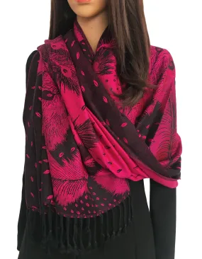 LARGE BLACK FEATHER AND LEAF PRINT REVERSIBLE PASHMINA SHAWL SCARF