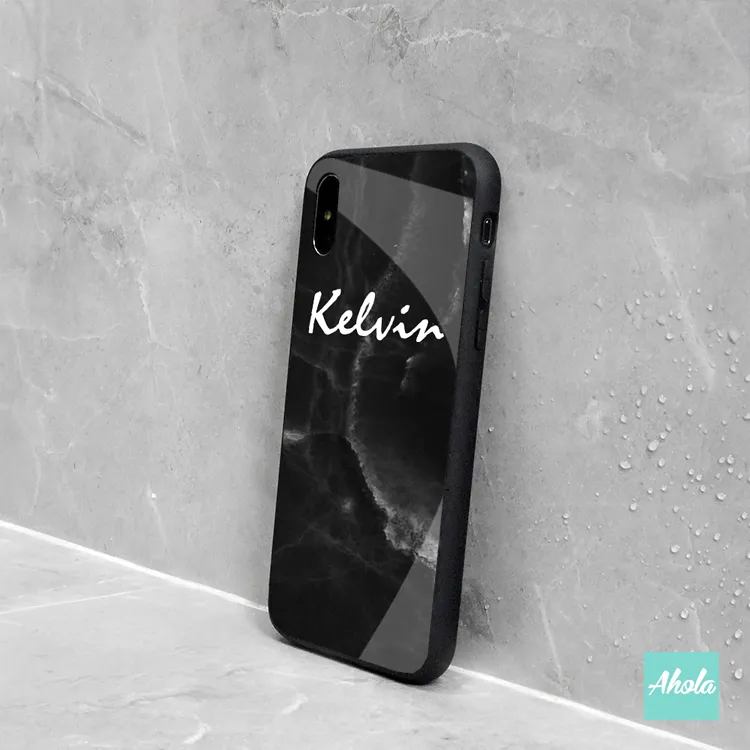 【Marble III】Black bumper tempered glass phone Case 雲石紋黑色全包邊玻璃名字電話殼