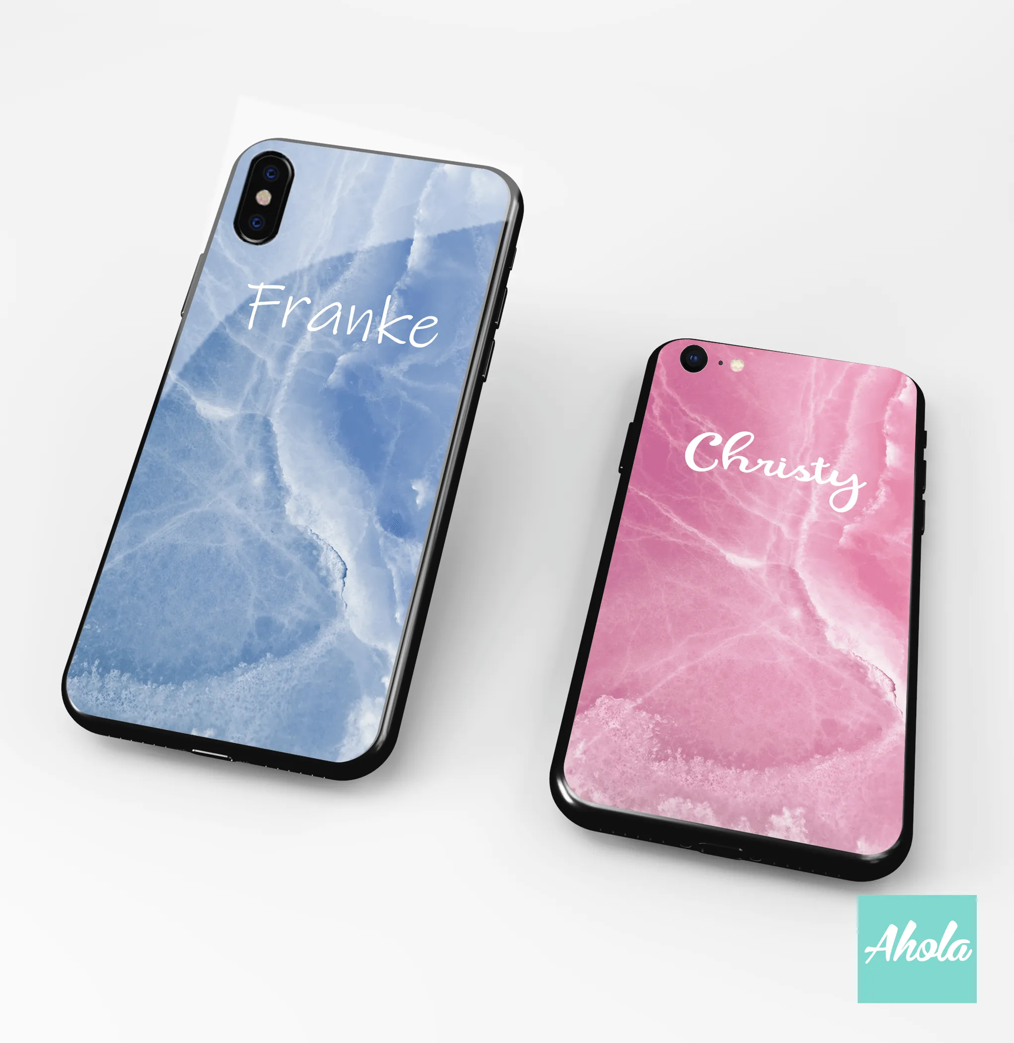 【Marble III】Black bumper tempered glass phone Case 雲石紋黑色全包邊玻璃名字電話殼