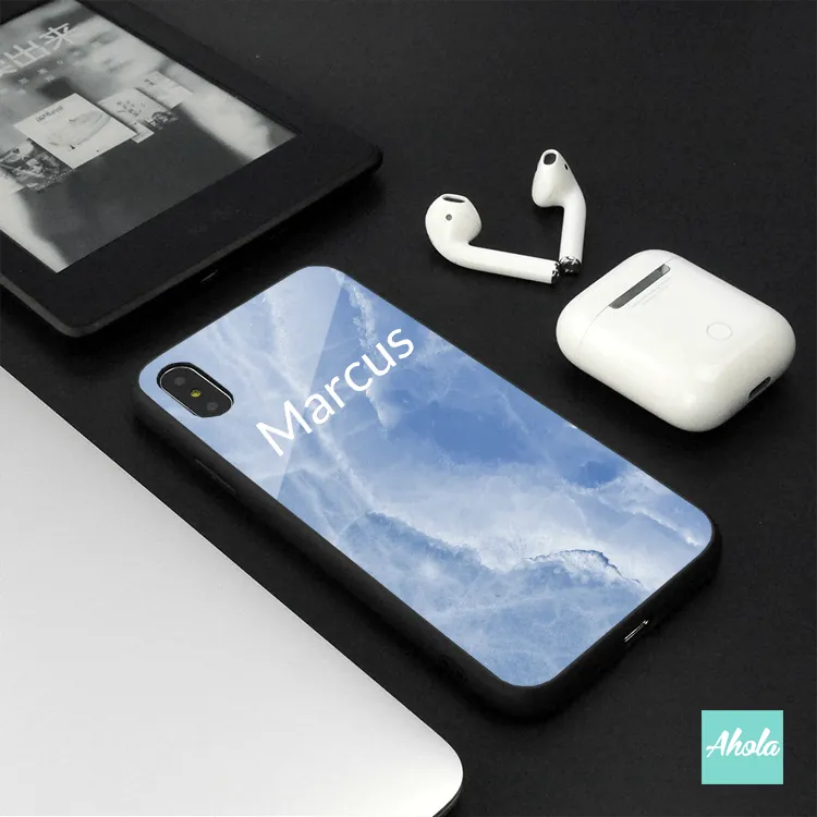 【Marble III】Black bumper tempered glass phone Case 雲石紋黑色全包邊玻璃名字電話殼