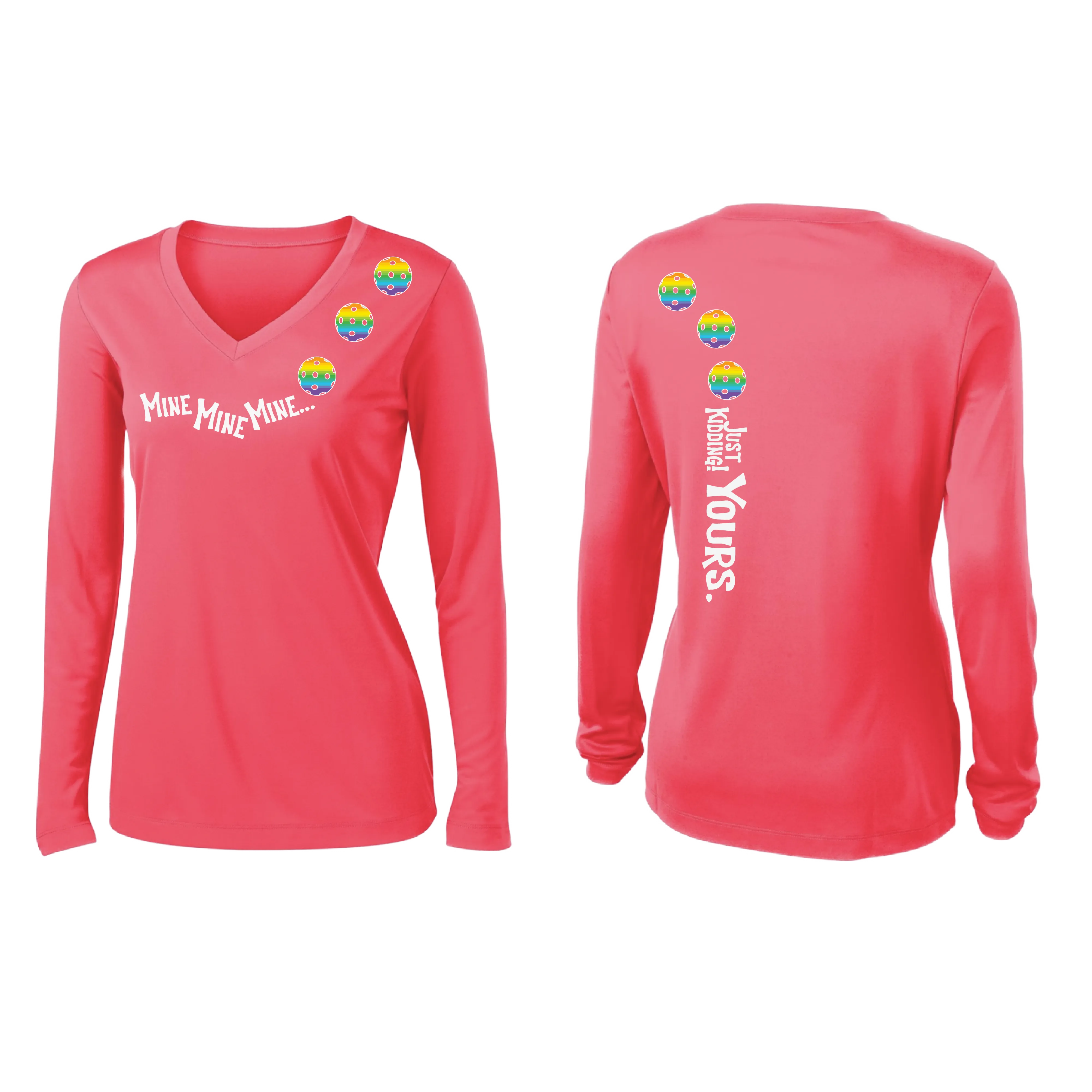 Mine JK Yours (Pickleball colors Green Rainbow or Pink)| Women's Long Sleeve V-Neck Pickleball Shirts | 100% Polyester