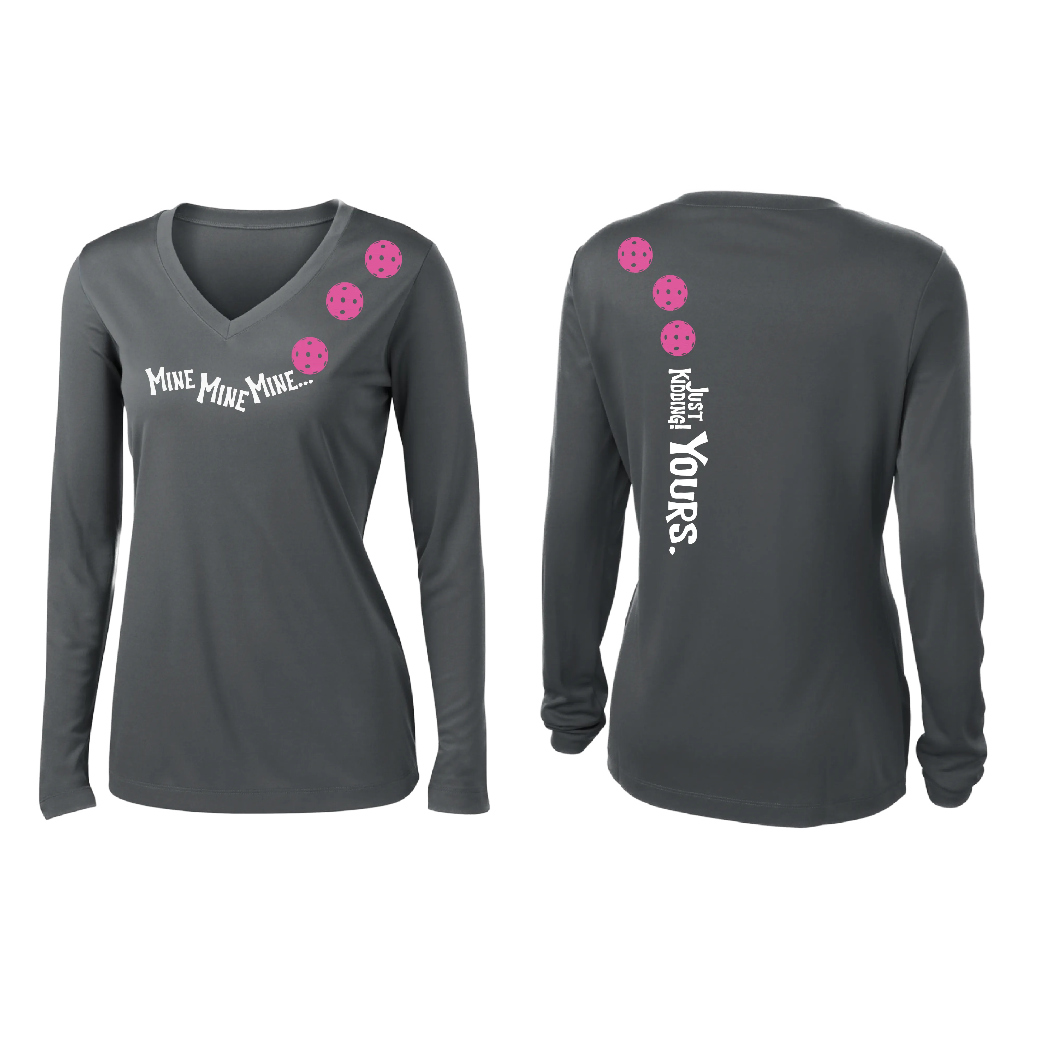 Mine JK Yours (Pickleball colors Green Rainbow or Pink)| Women's Long Sleeve V-Neck Pickleball Shirts | 100% Polyester