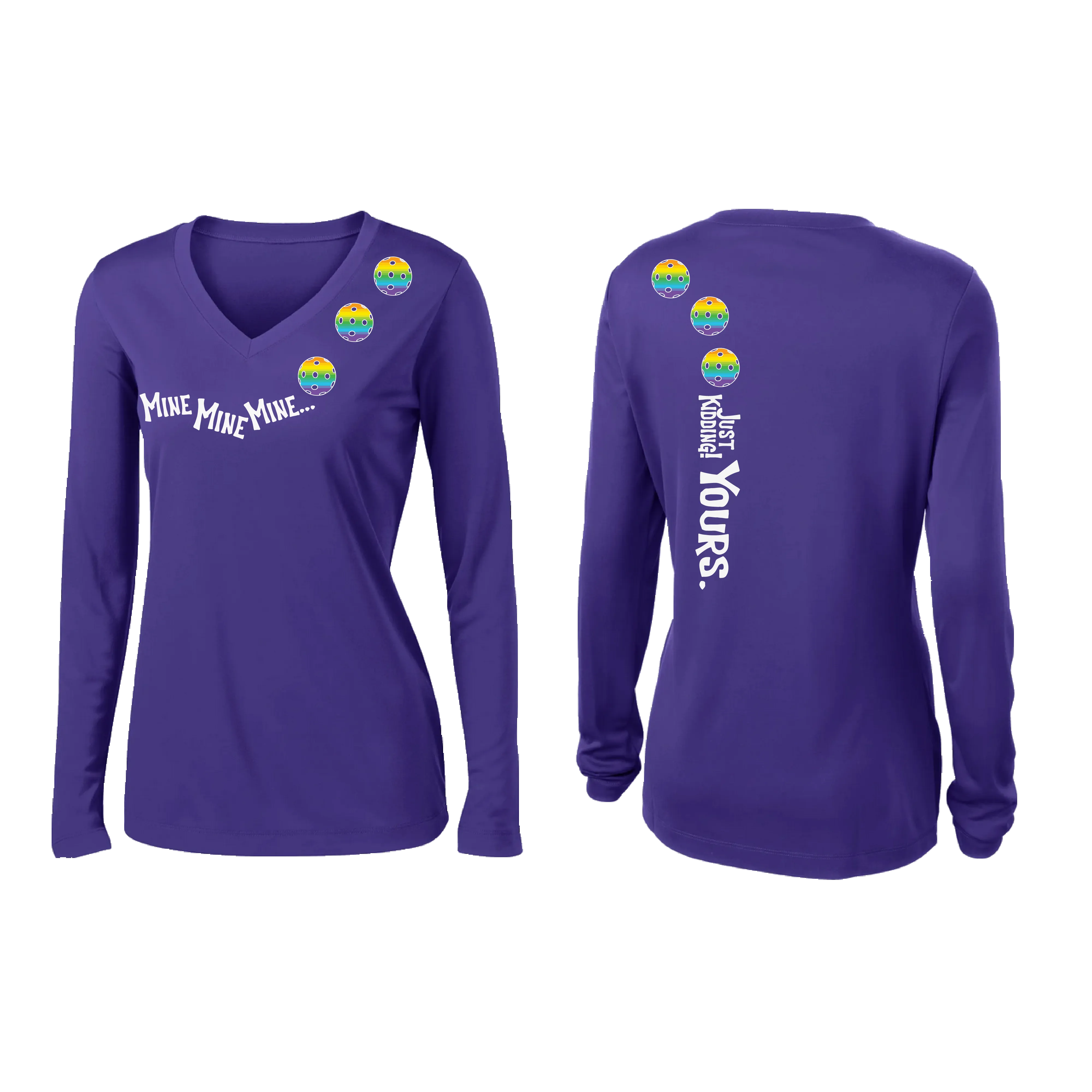 Mine JK Yours (Pickleball colors Green Rainbow or Pink)| Women's Long Sleeve V-Neck Pickleball Shirts | 100% Polyester