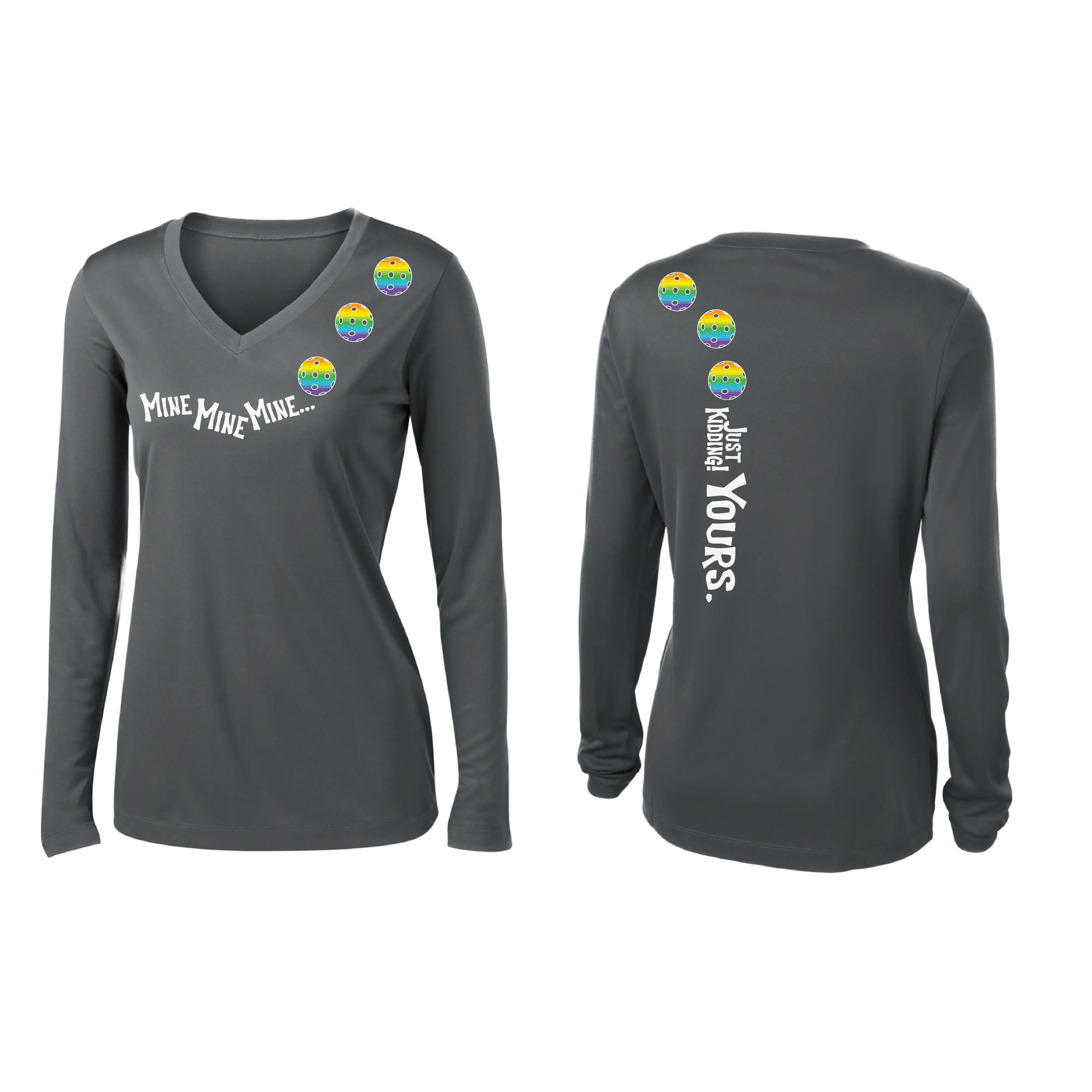 Mine JK Yours (Pickleball colors Green Rainbow or Pink)| Women's Long Sleeve V-Neck Pickleball Shirts | 100% Polyester