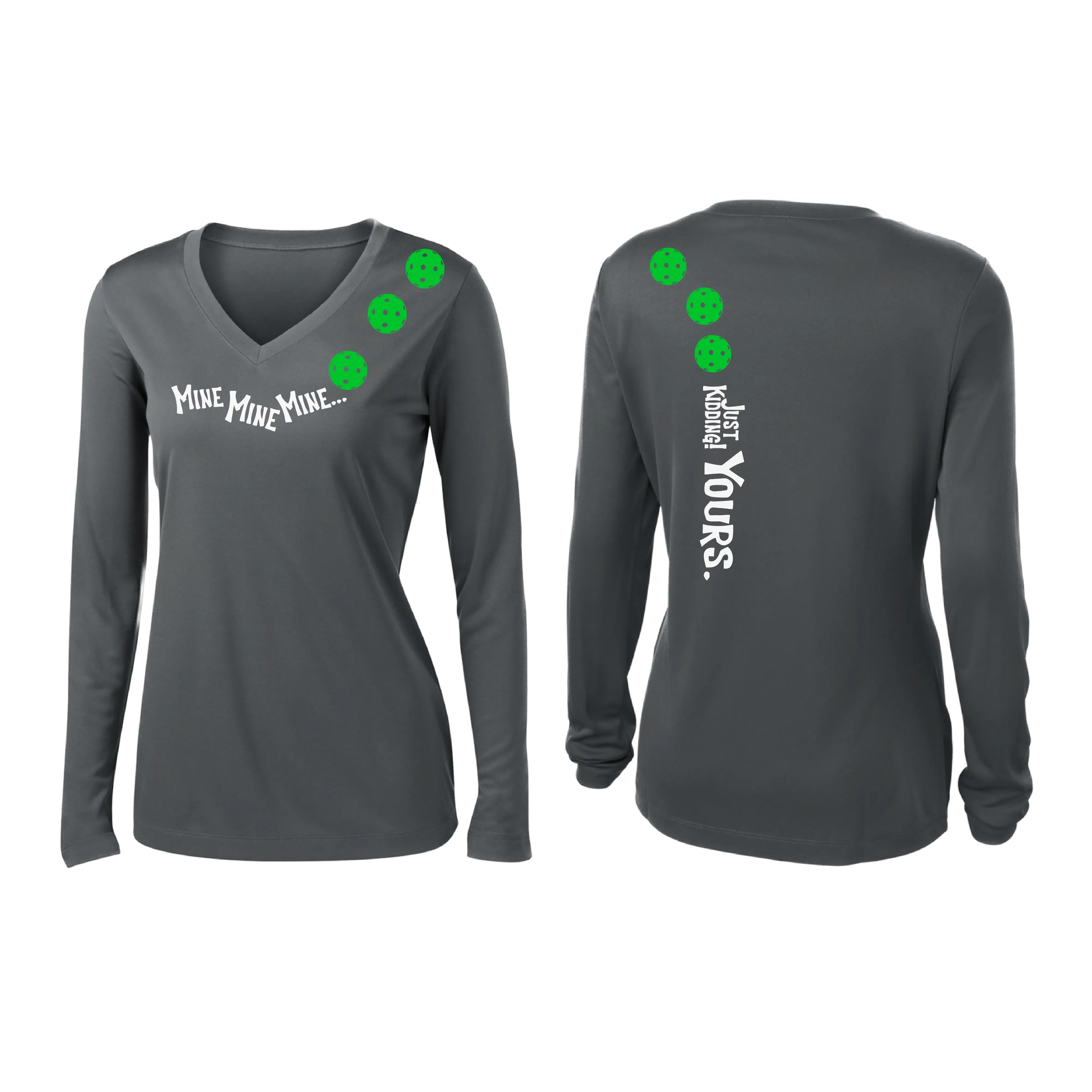 Mine JK Yours (Pickleball colors Green Rainbow or Pink)| Women's Long Sleeve V-Neck Pickleball Shirts | 100% Polyester