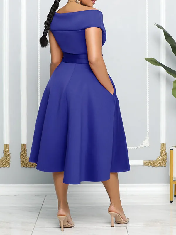 Momnfancy Off Shoulder Boat-Neck Belt Pockets Big Swing Babyshower Evening Maternity Midi Dress