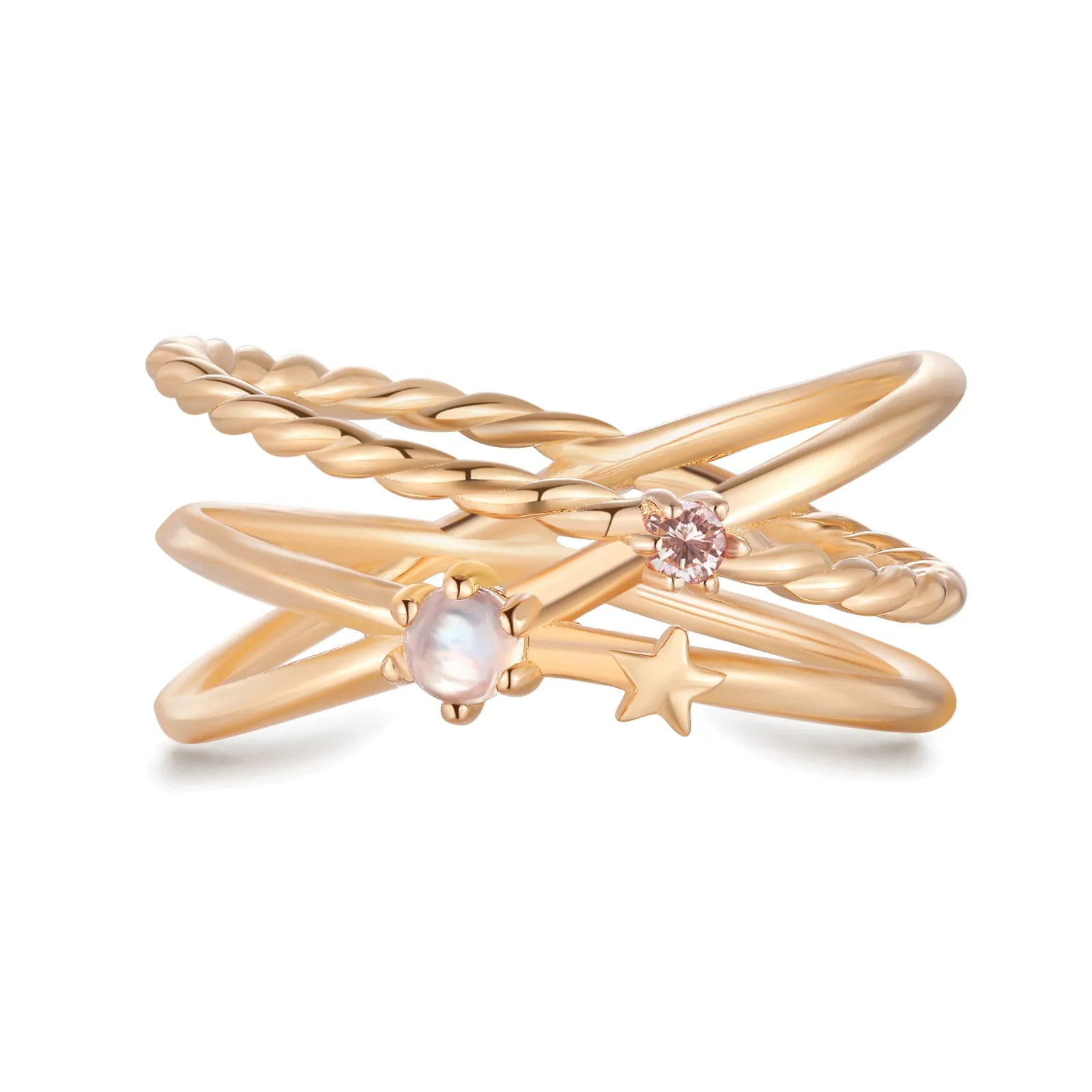 Moonstone & Pink Gold Triple Band Ring - Gravity