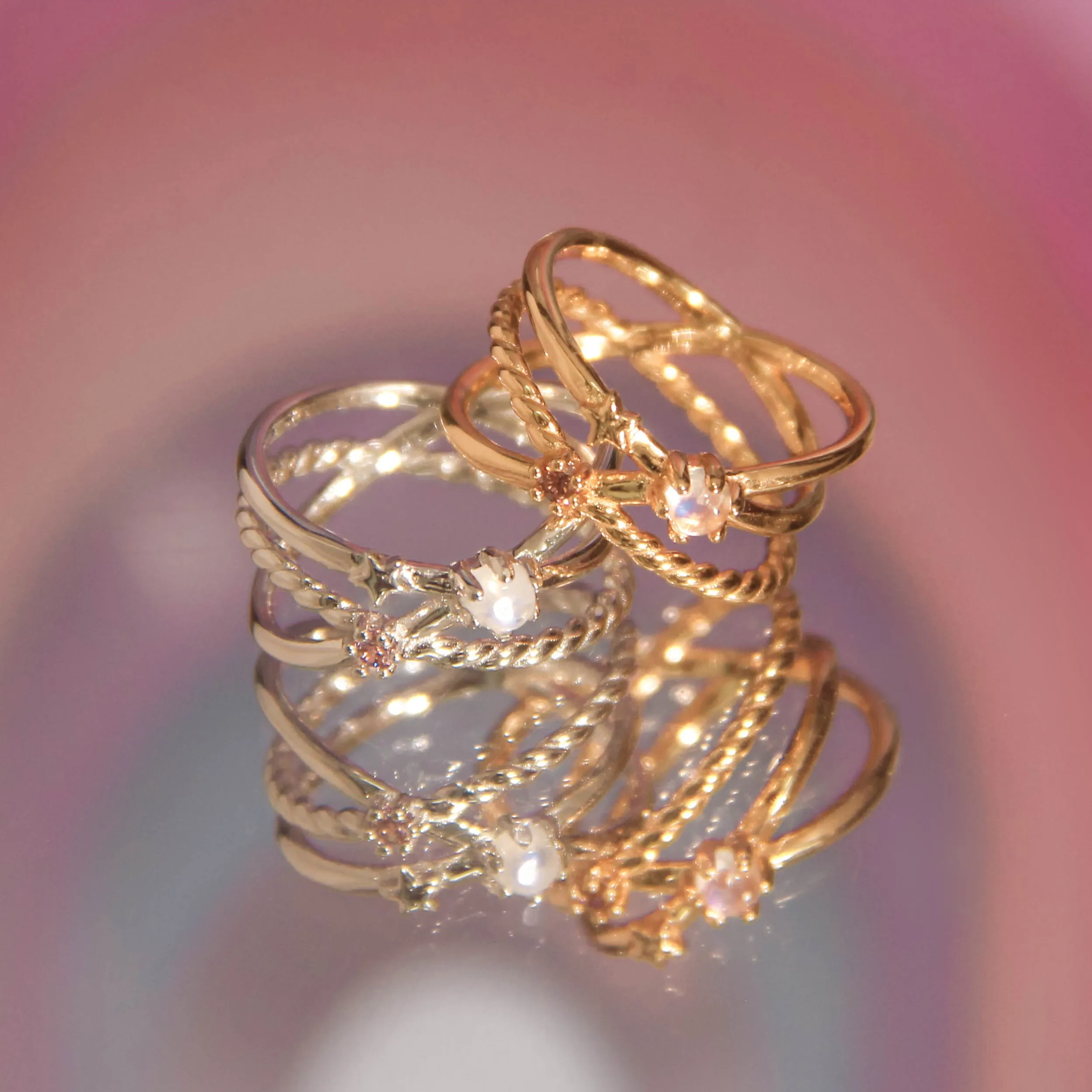 Moonstone & Pink Gold Triple Band Ring - Gravity