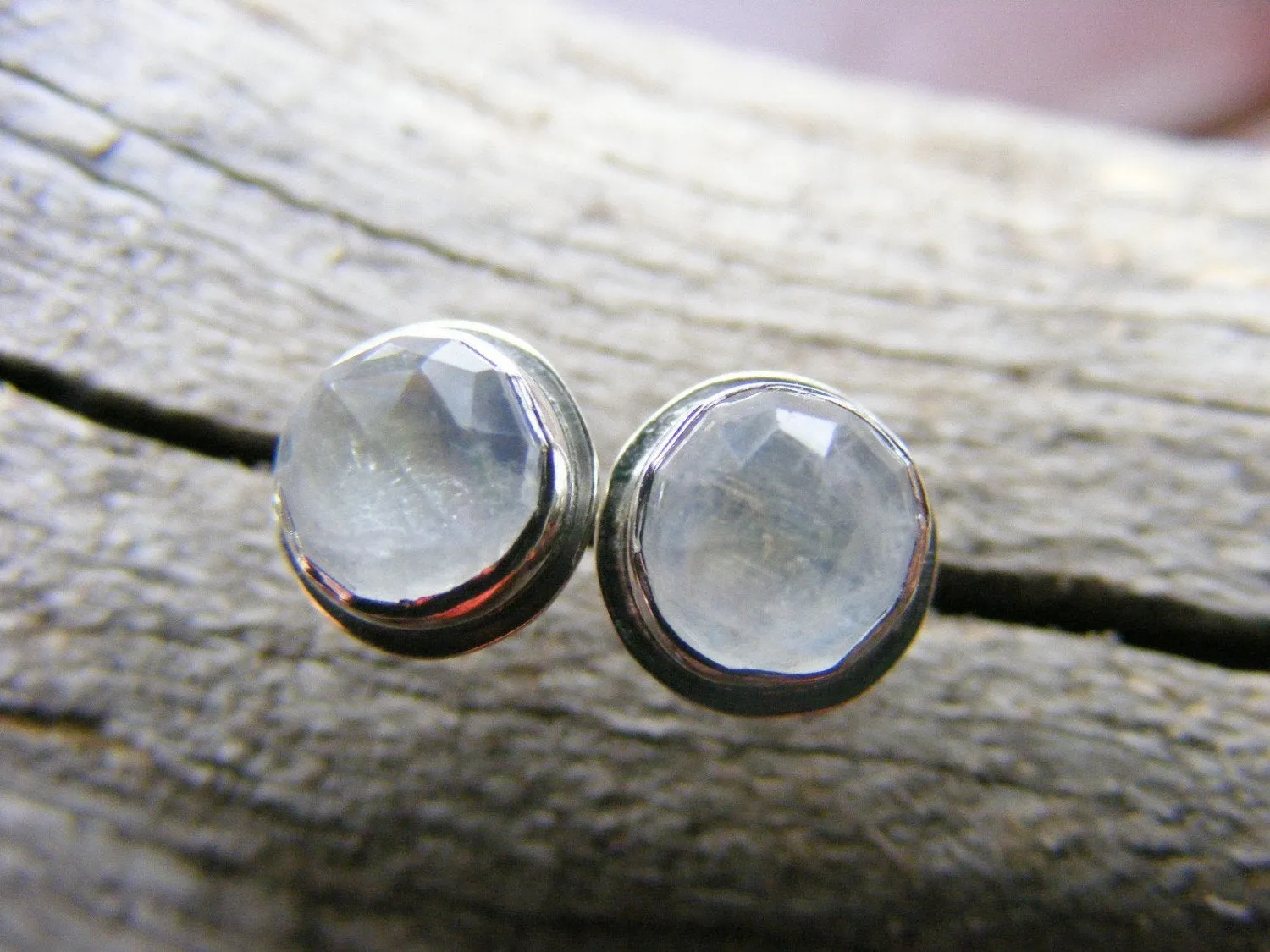 Moonstone Faceted Rosecut Sterling Silver Stud Post Earrings