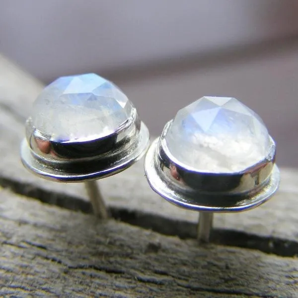 Moonstone Faceted Rosecut Sterling Silver Stud Post Earrings