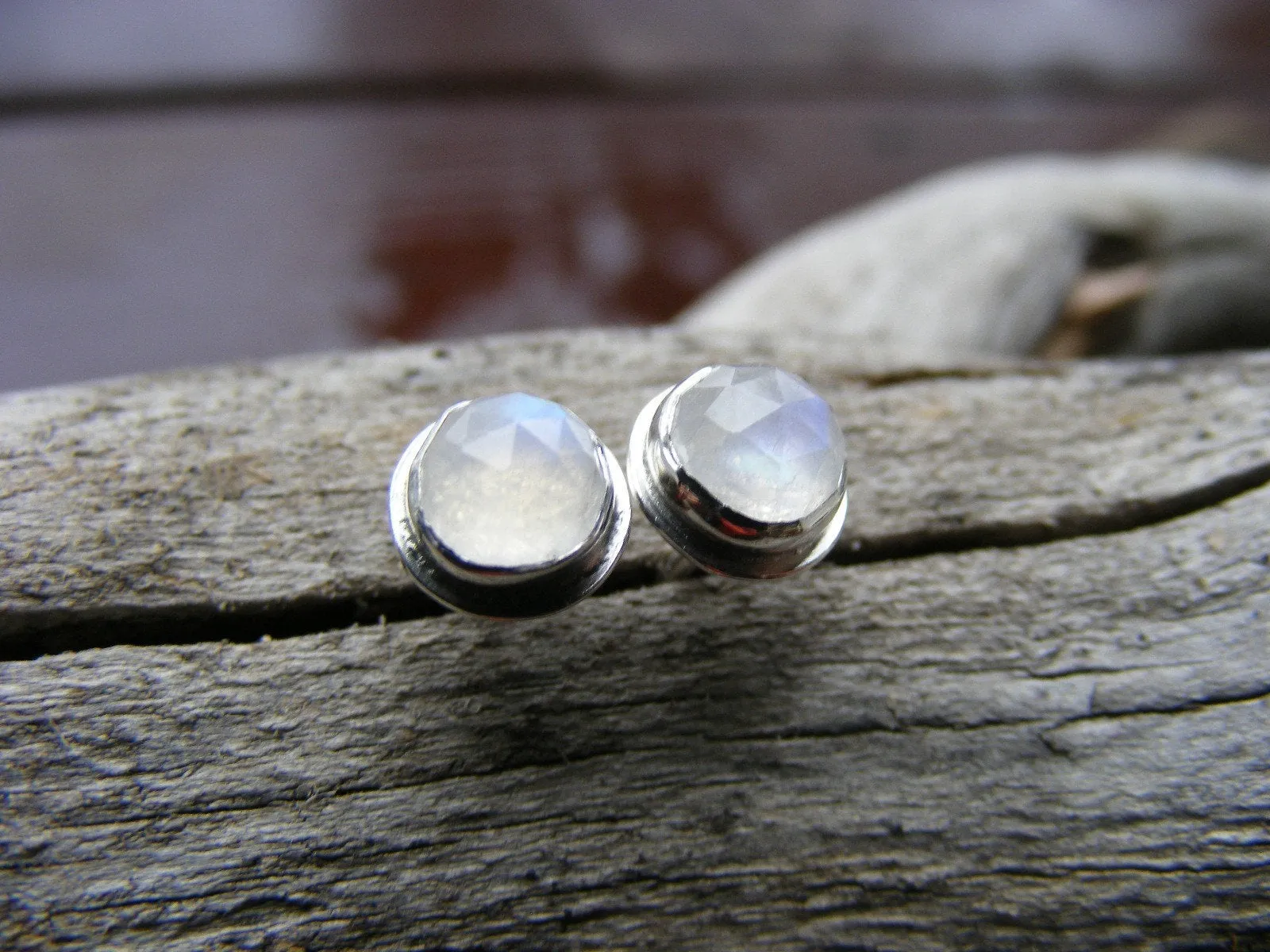 Moonstone Faceted Rosecut Sterling Silver Stud Post Earrings