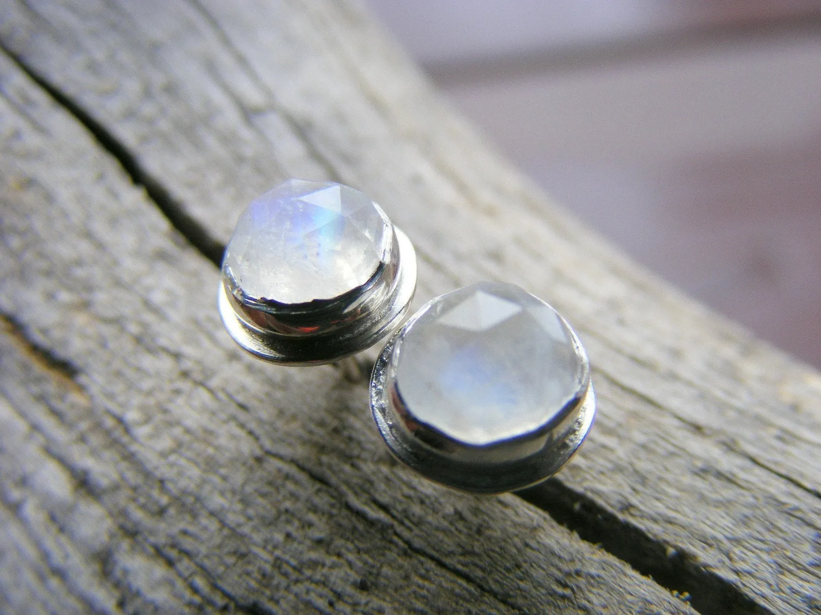 Moonstone Faceted Rosecut Sterling Silver Stud Post Earrings