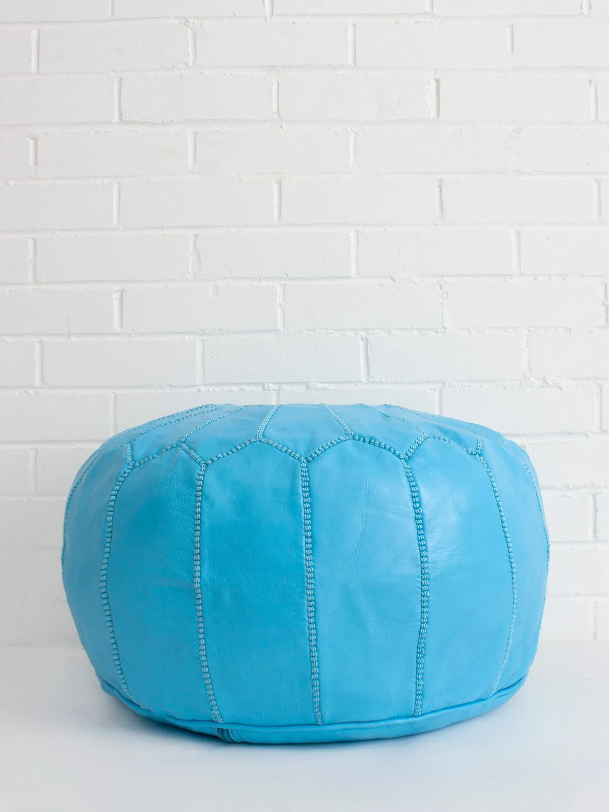 Moroccan Leather Pouffe, Aegean Blue