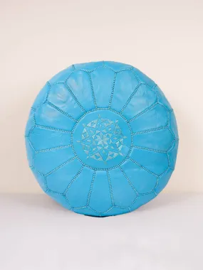 Moroccan Leather Pouffe, Aegean Blue