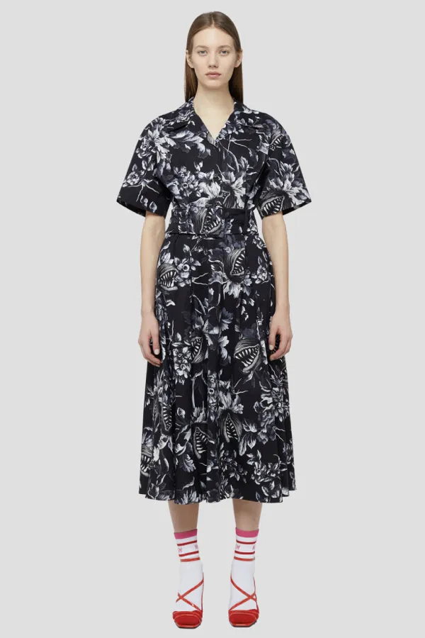 MSGM Belted Floral Print Dress - Black/ White