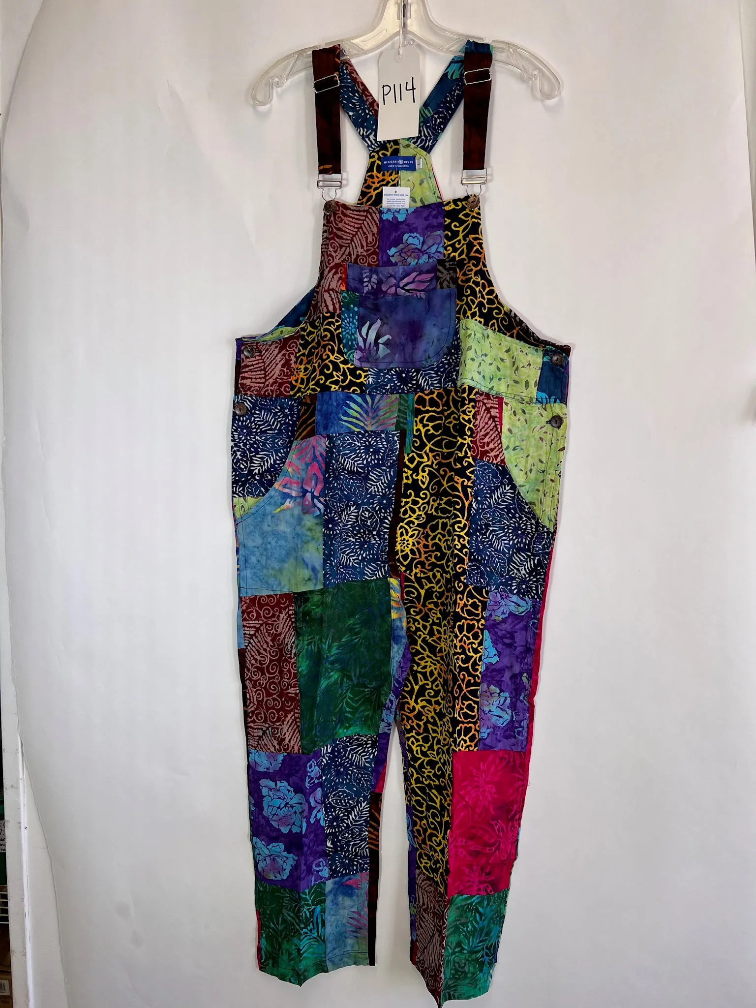 P114 One of a Kind Playful Batik Patchwork Overalls L