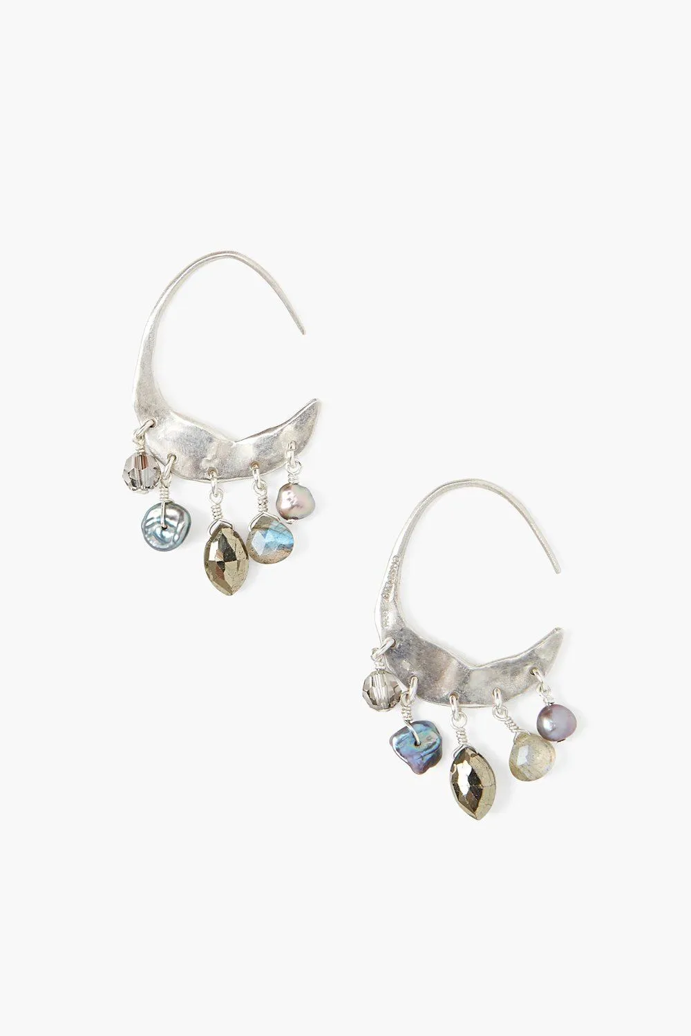 Petite Crescent Grey Pearl and Labradorite Mix Silver Hoop Earrings