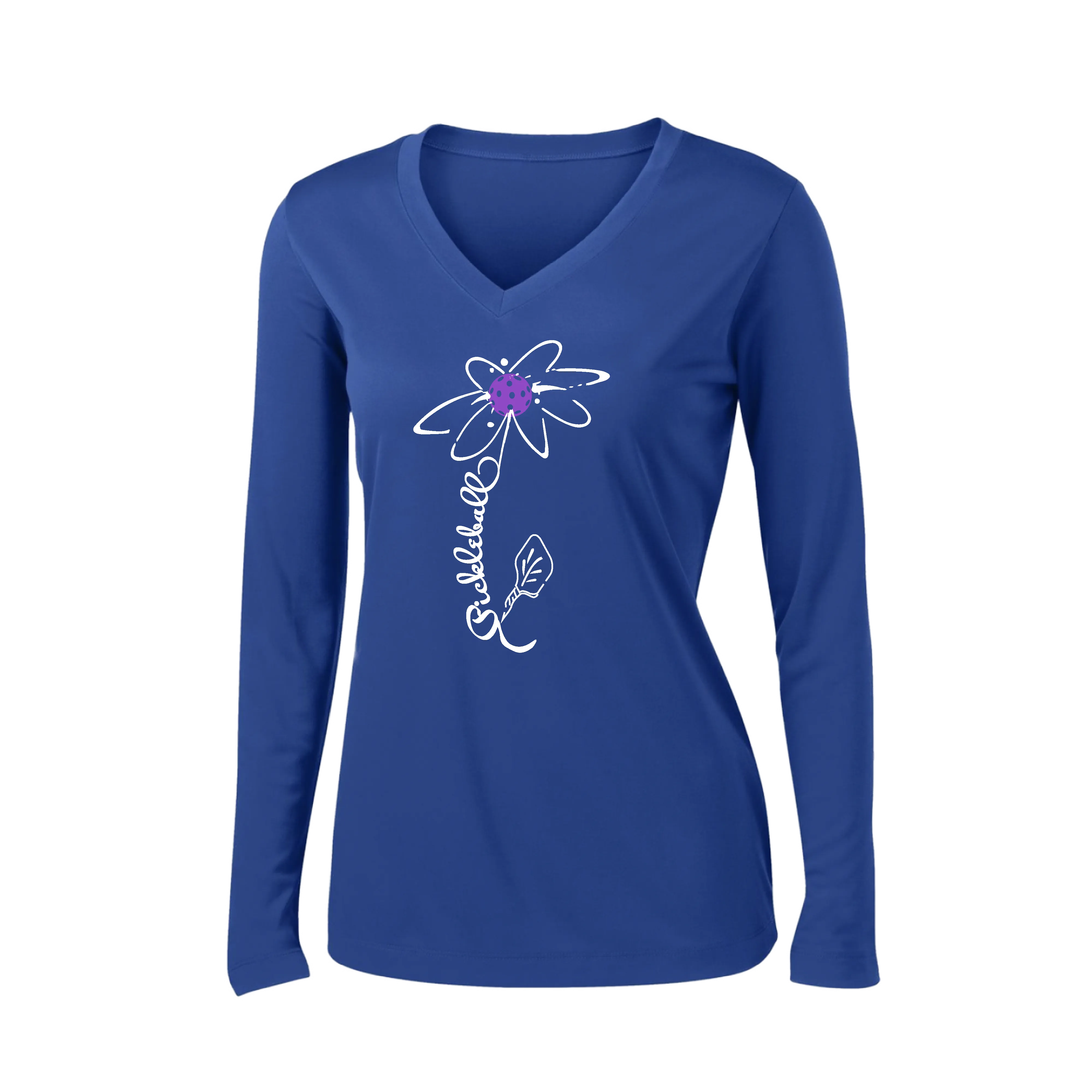 Pickleball Flower (Orange, Pink or Purple) | Women’s Long Sleeve V-Neck Pickleball Shirt | 100% Polyester