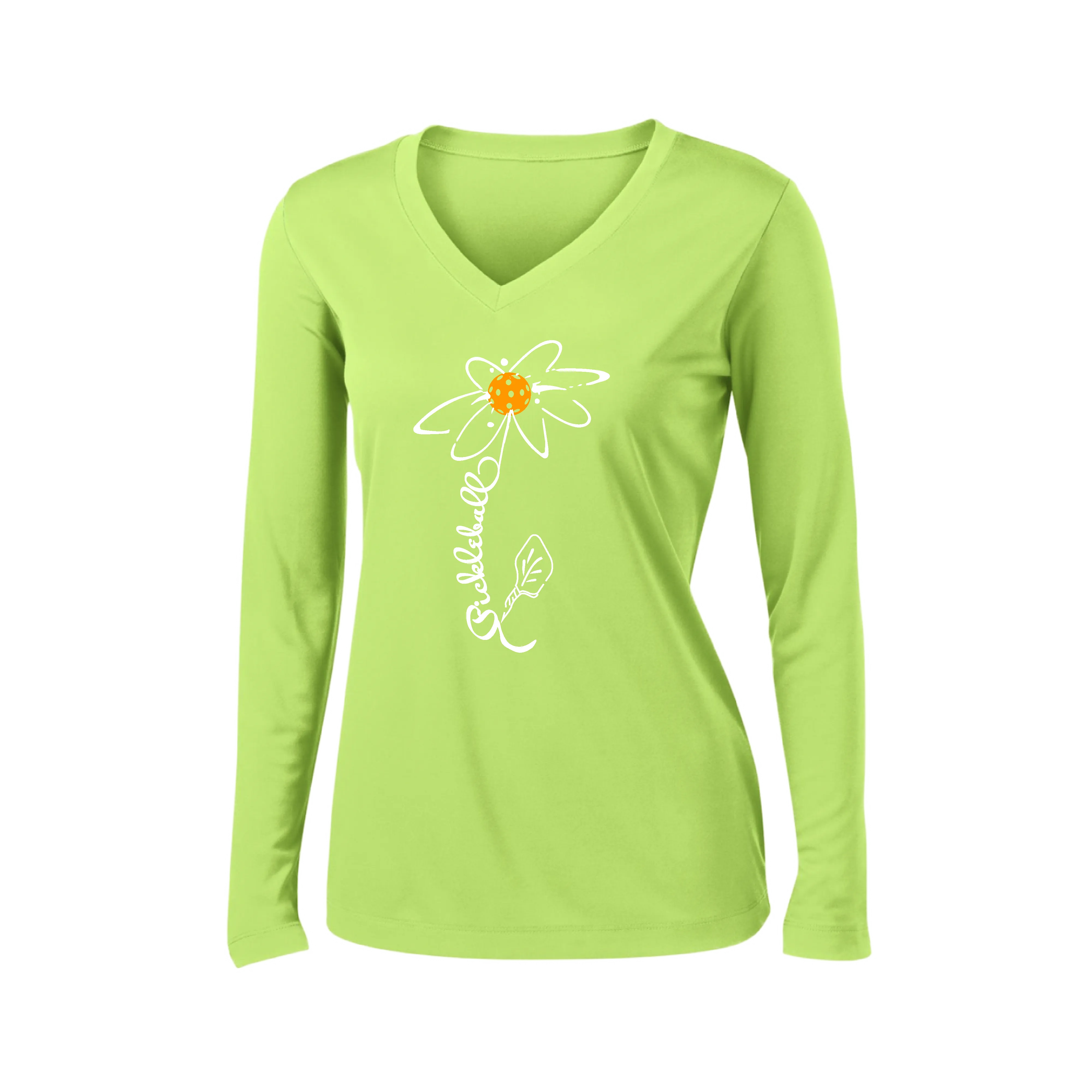 Pickleball Flower (Orange, Pink or Purple) | Women’s Long Sleeve V-Neck Pickleball Shirt | 100% Polyester