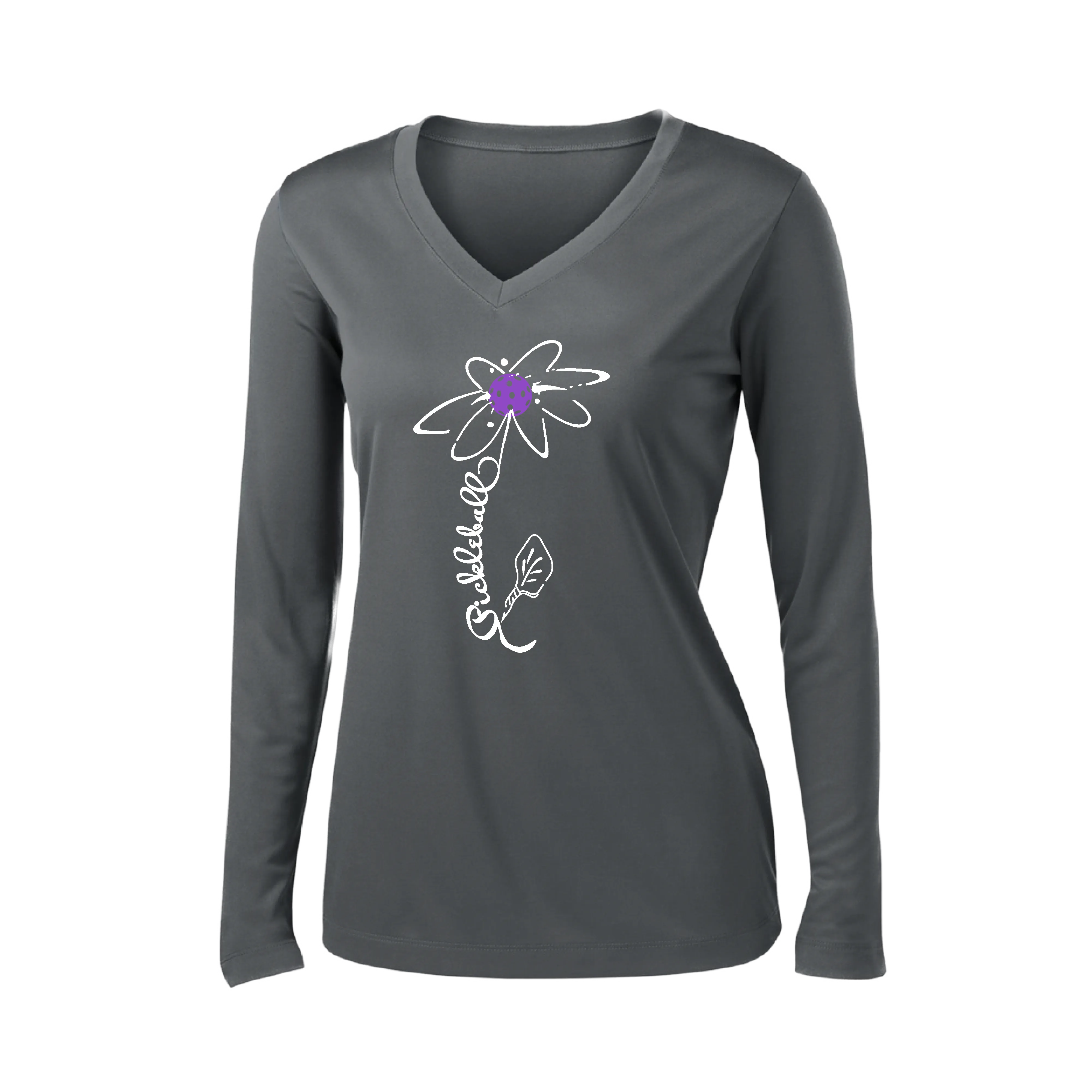 Pickleball Flower (Orange, Pink or Purple) | Women’s Long Sleeve V-Neck Pickleball Shirt | 100% Polyester