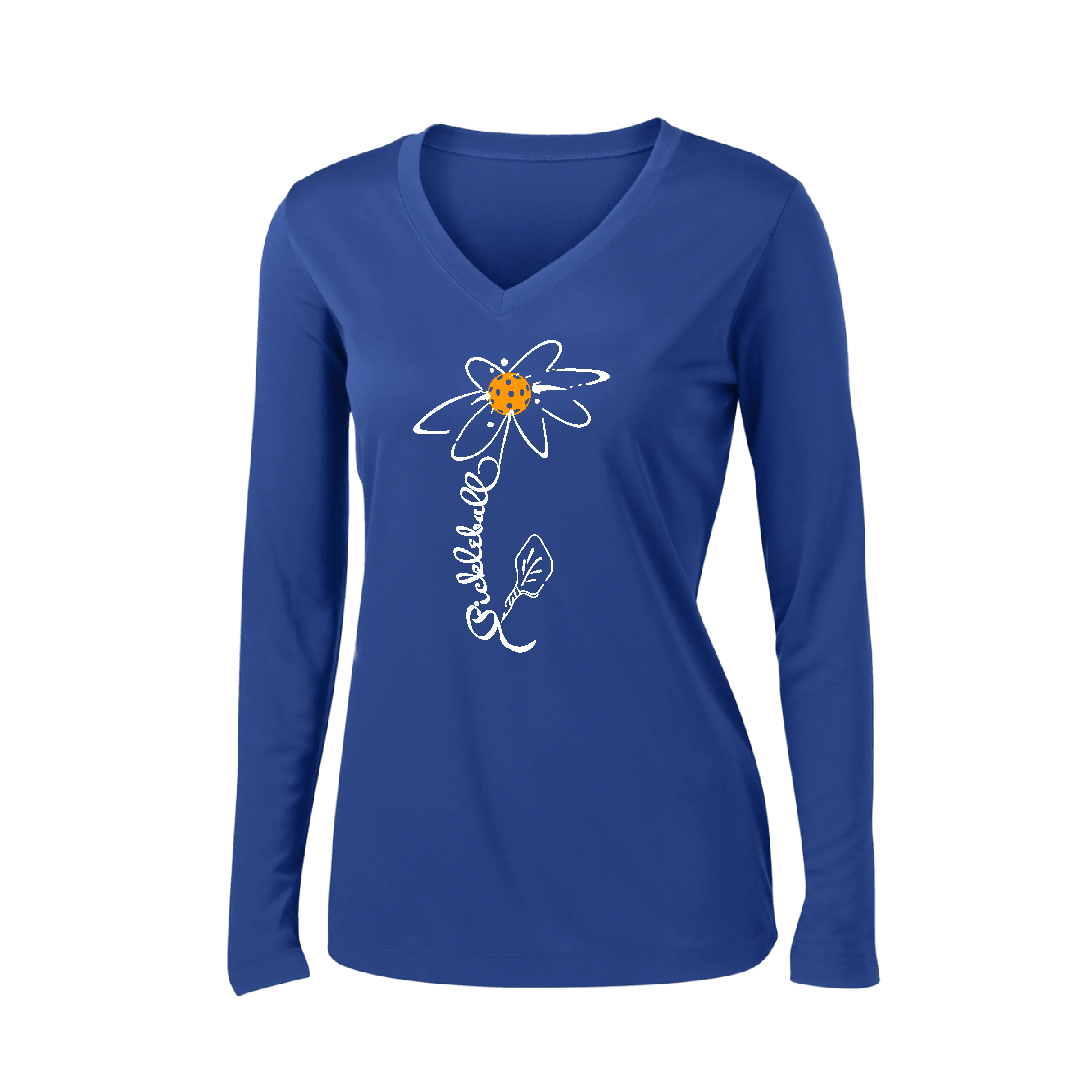 Pickleball Flower (Orange, Pink or Purple) | Women’s Long Sleeve V-Neck Pickleball Shirt | 100% Polyester