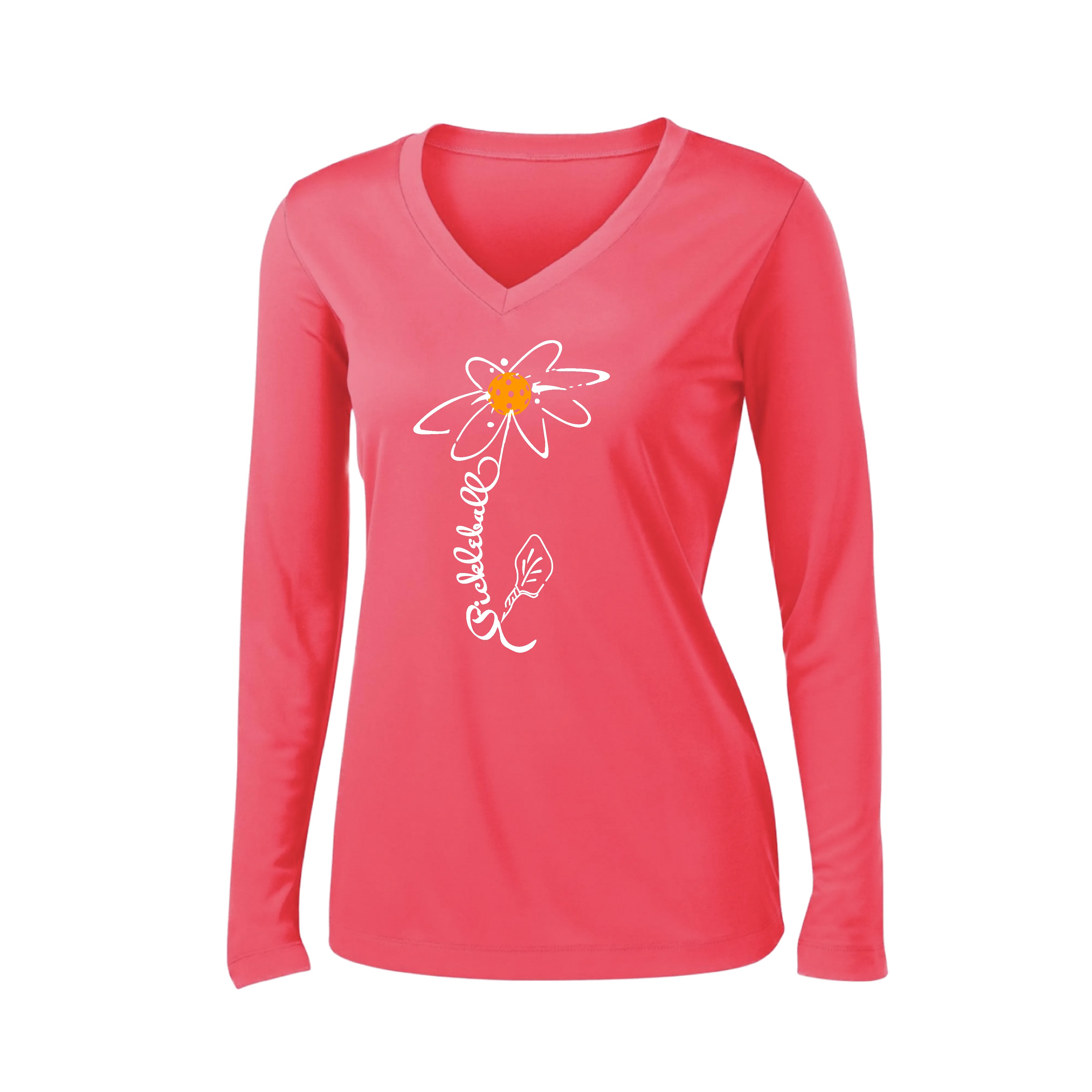 Pickleball Flower (Orange, Pink or Purple) | Women’s Long Sleeve V-Neck Pickleball Shirt | 100% Polyester