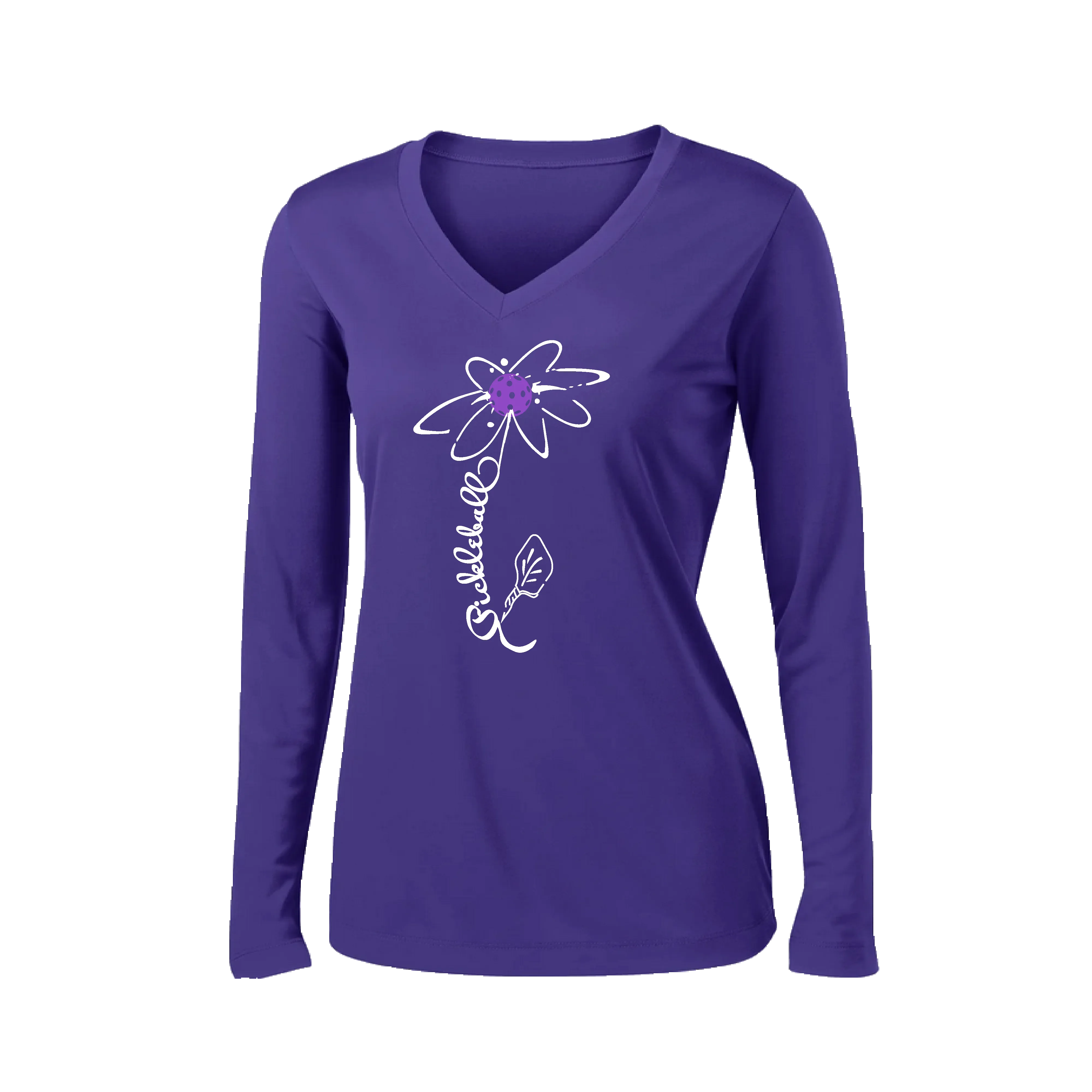 Pickleball Flower (Orange, Pink or Purple) | Women’s Long Sleeve V-Neck Pickleball Shirt | 100% Polyester