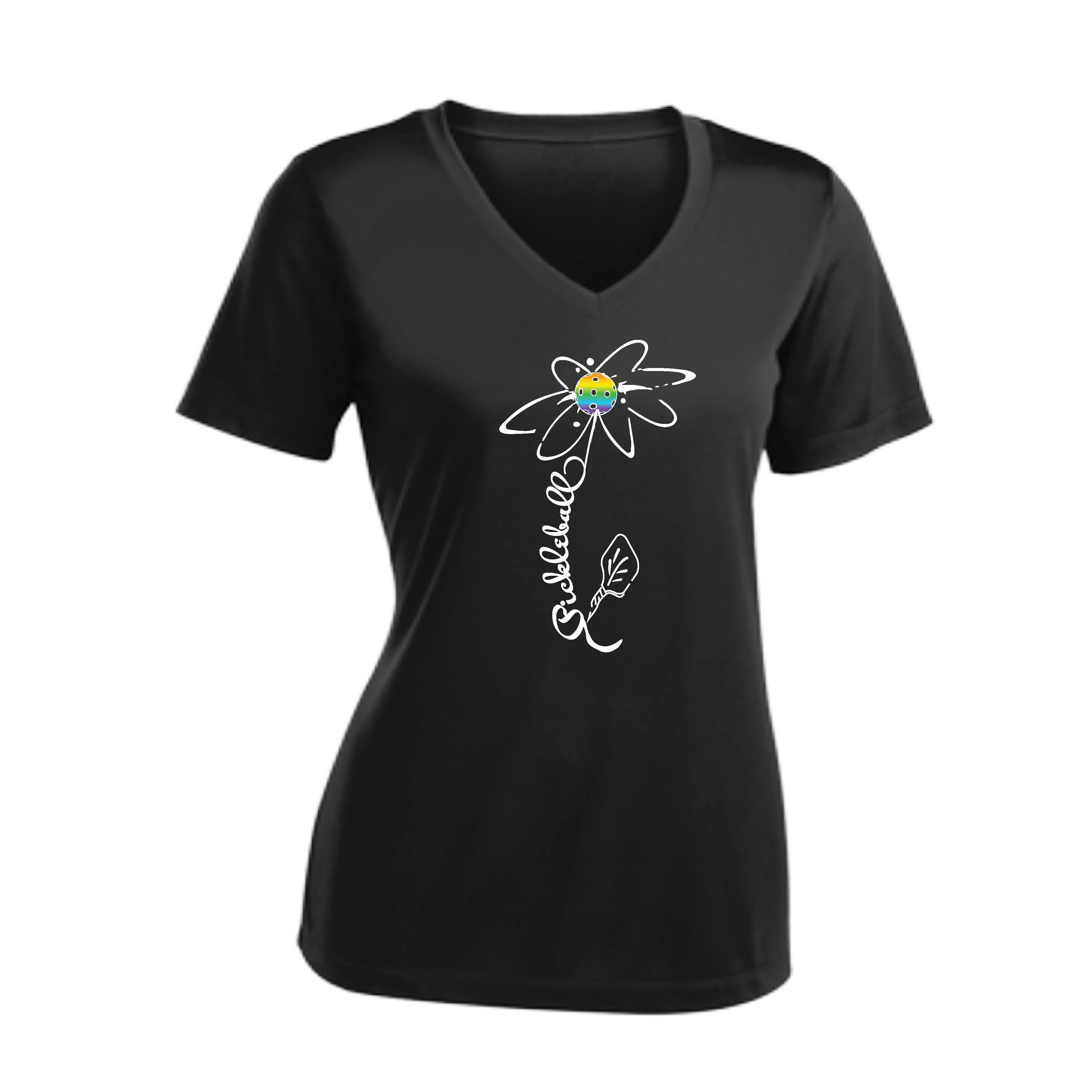 Pickleball Flower (Rainbow or White) | Women's Short Sleeve V-Neck Pickleball Shirts | 100% Polyester (Copy) (Copy)